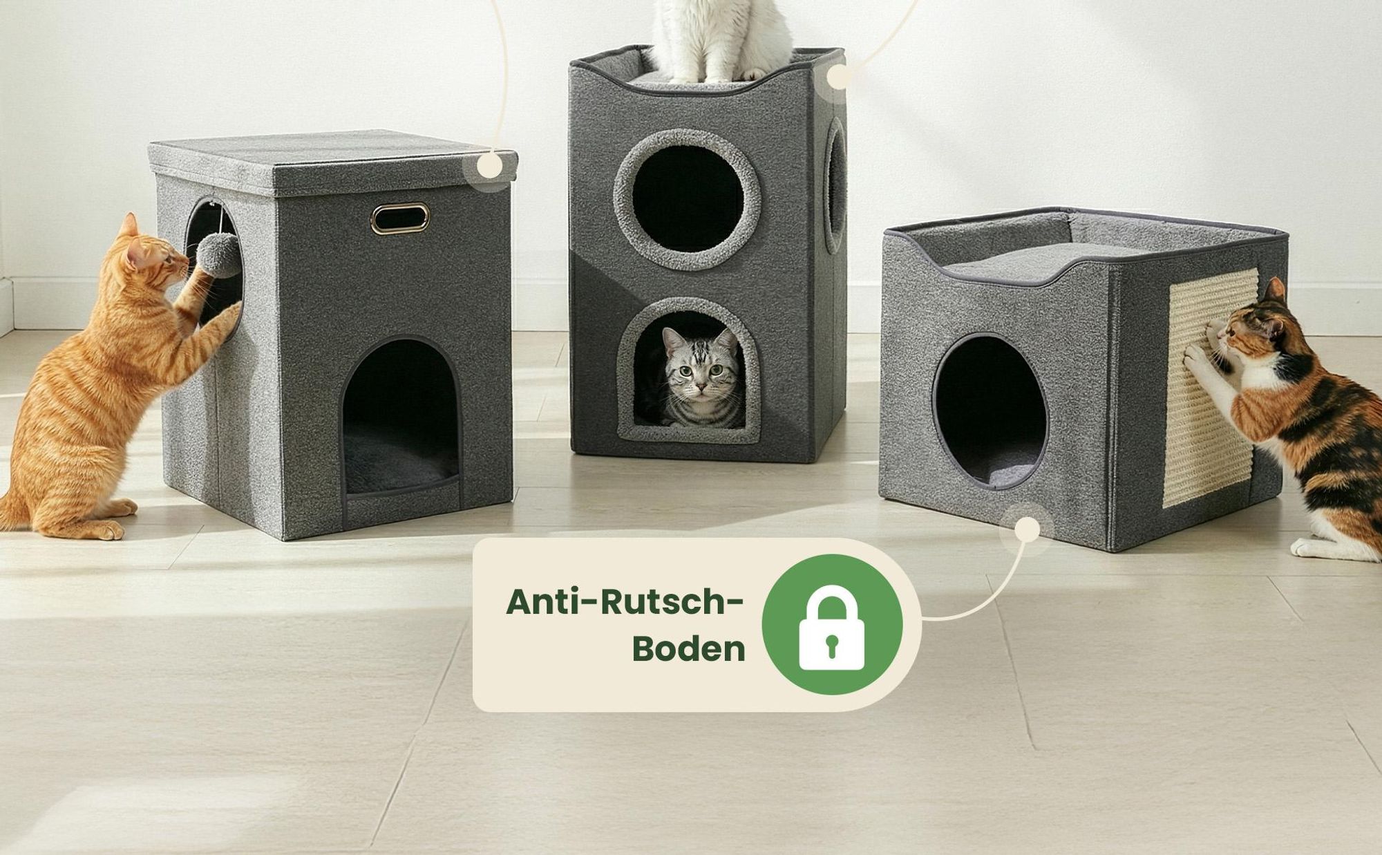 Katzenhöhle Katzenhaus Katzenbett zooprinz Rocky | Plüsch | Faltbar | Wendekissen | Anti-Rutsch-Boden | Leinenstoff | 3 mm MDF