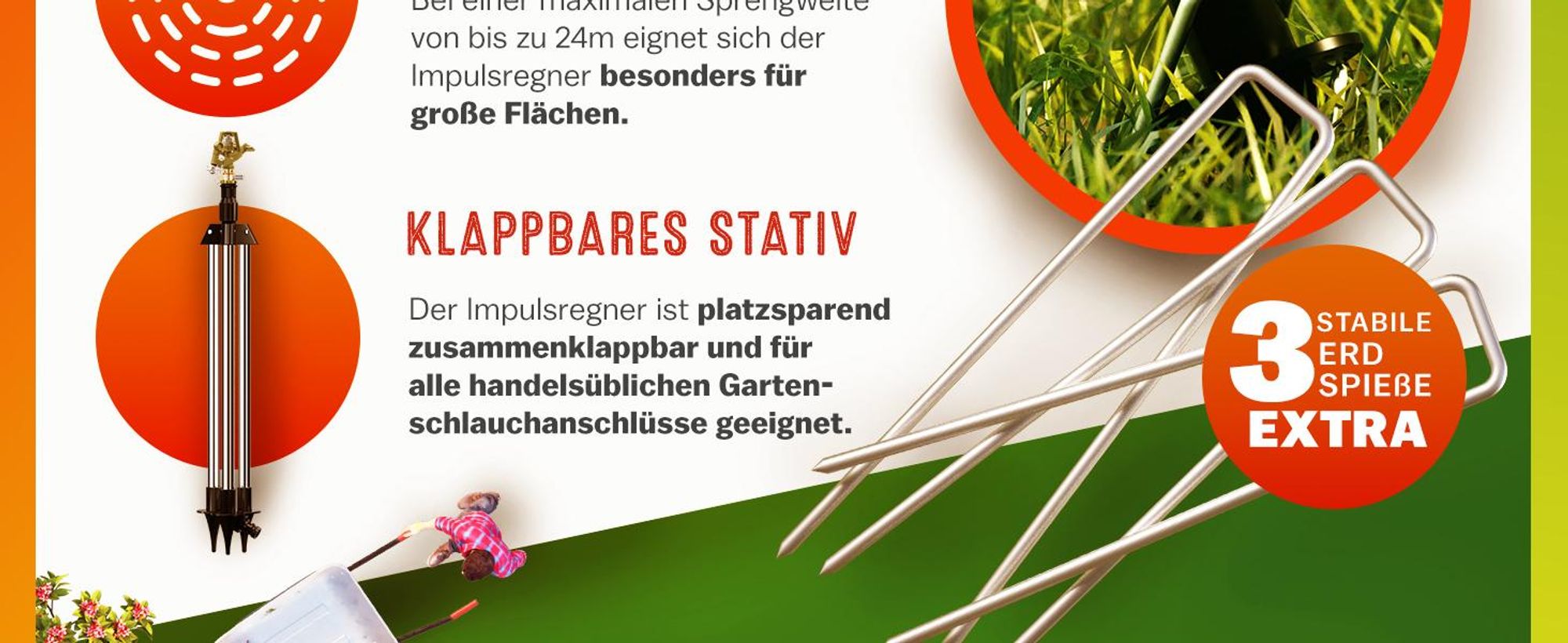 GARDEBRUK® Sprinkler Teleskopstativ Sprengweite bis 24m 360° Sprühaufsatz Impulsregner Rasensprenger Sektorenregner Bewässerungssystem Gartenbewässerung