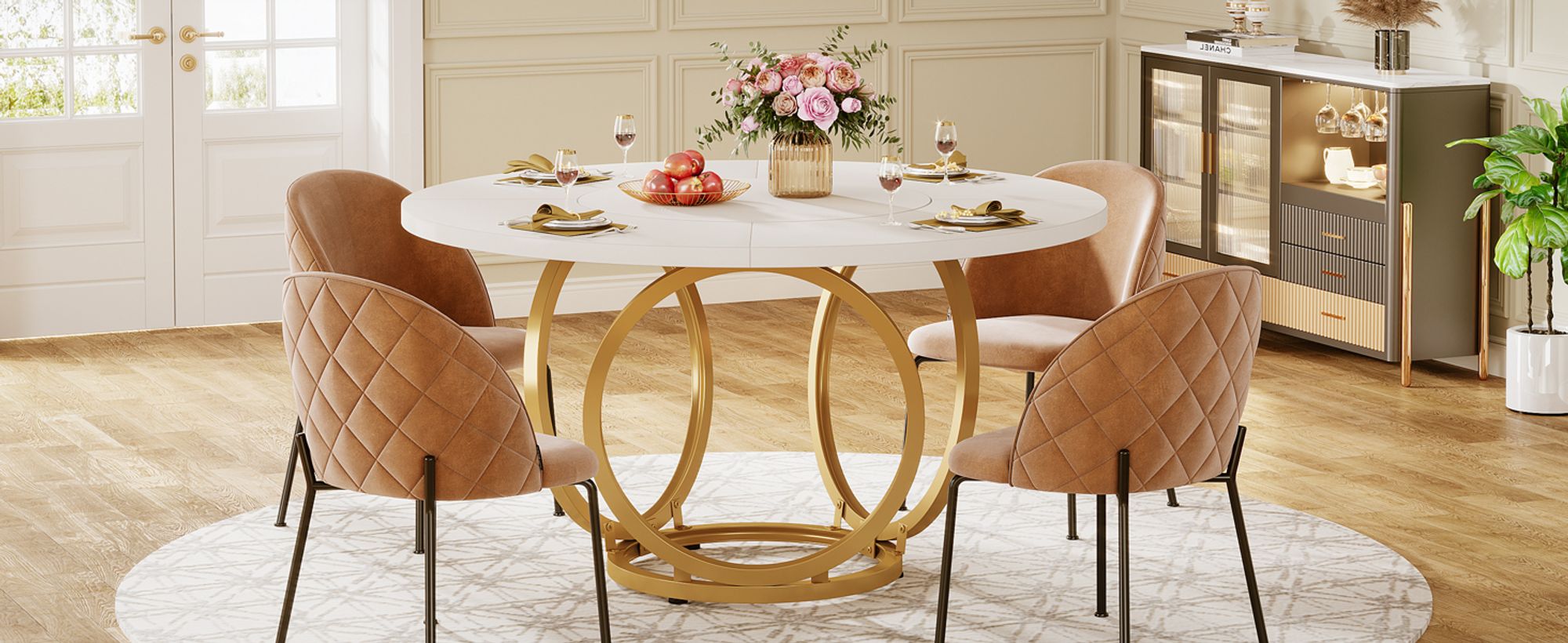 Tribesigns Runder Esstisch für 4, Weißer Küchentisch mit goldenem Metallfuß, Esstisch aus Holz, Couchtisch für Küche, Esszimmer, Café (120 * 120 cm)