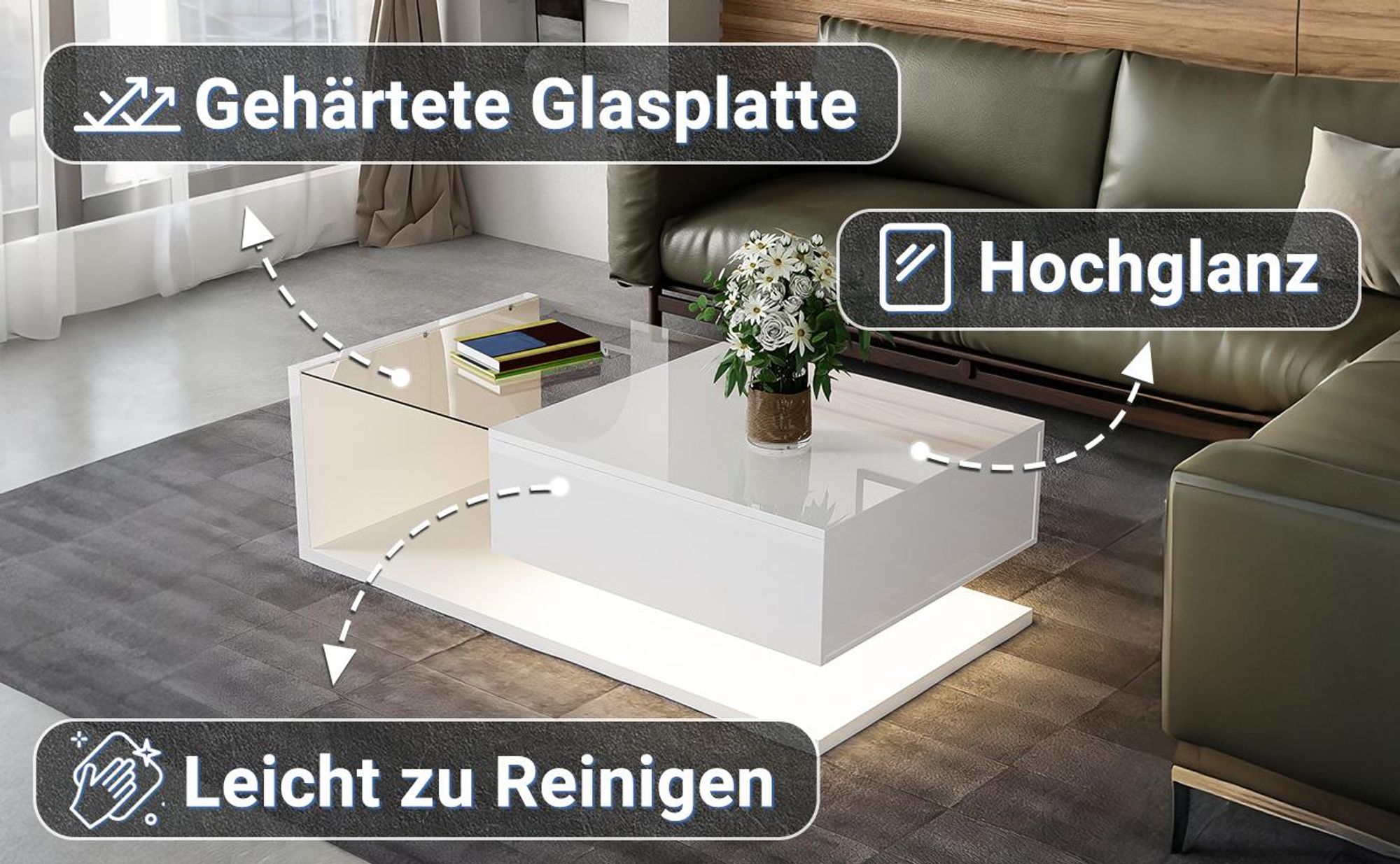 MODFU Couchtisch Hochglanz mit Glas und LED-Effekt,Rechteckiger Wohnzimmertisch mit Ablagefach,Beistelltisch&Sofatisch für Wohn- und Schlafzimmer,Weiß