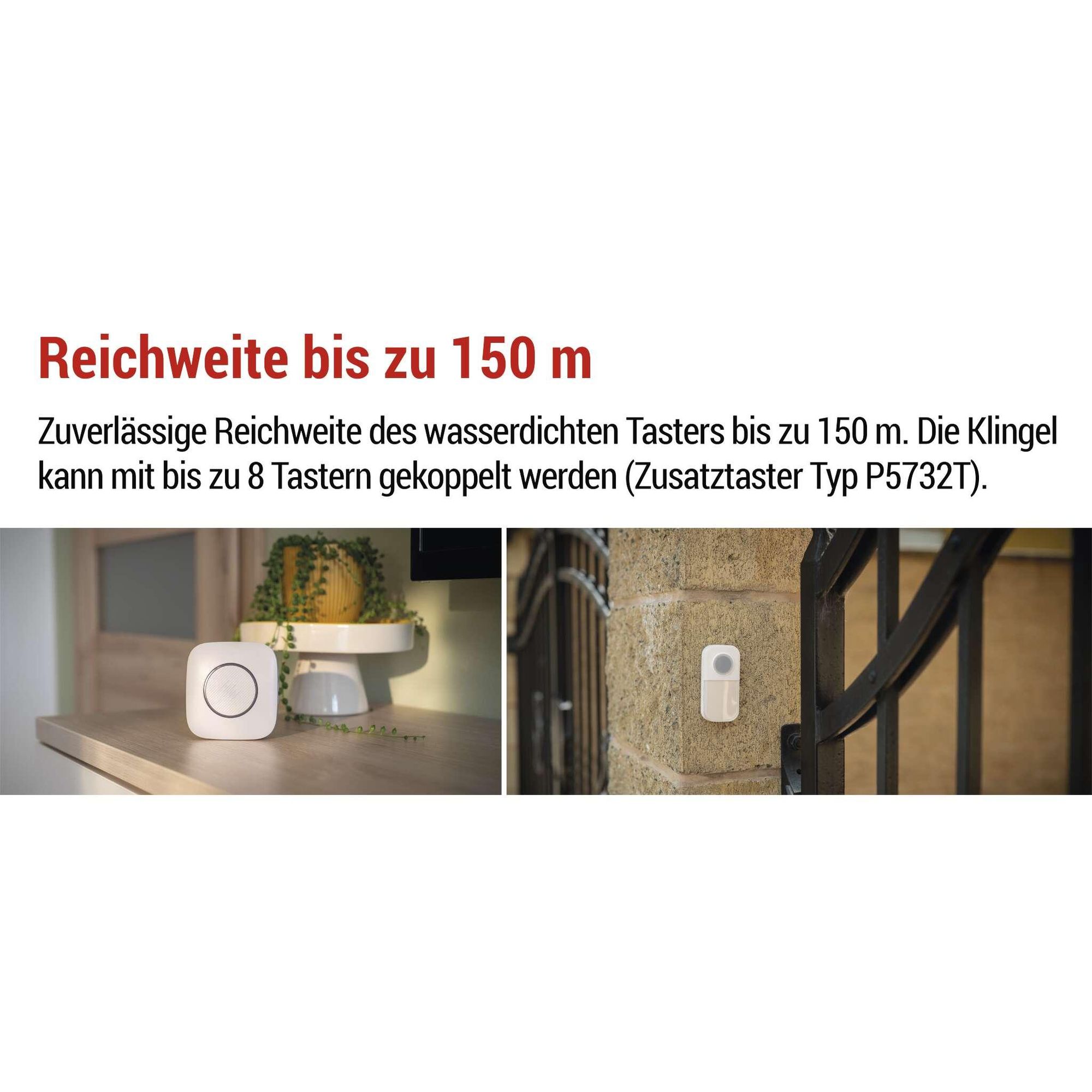 EMOS Türklingel Set mit wasserdichtem Klingelknopf, 36 Melodien, farbige Signalisierung, 150m Reichweite, 90 dB, batteriebetrieben, weiß, P5736