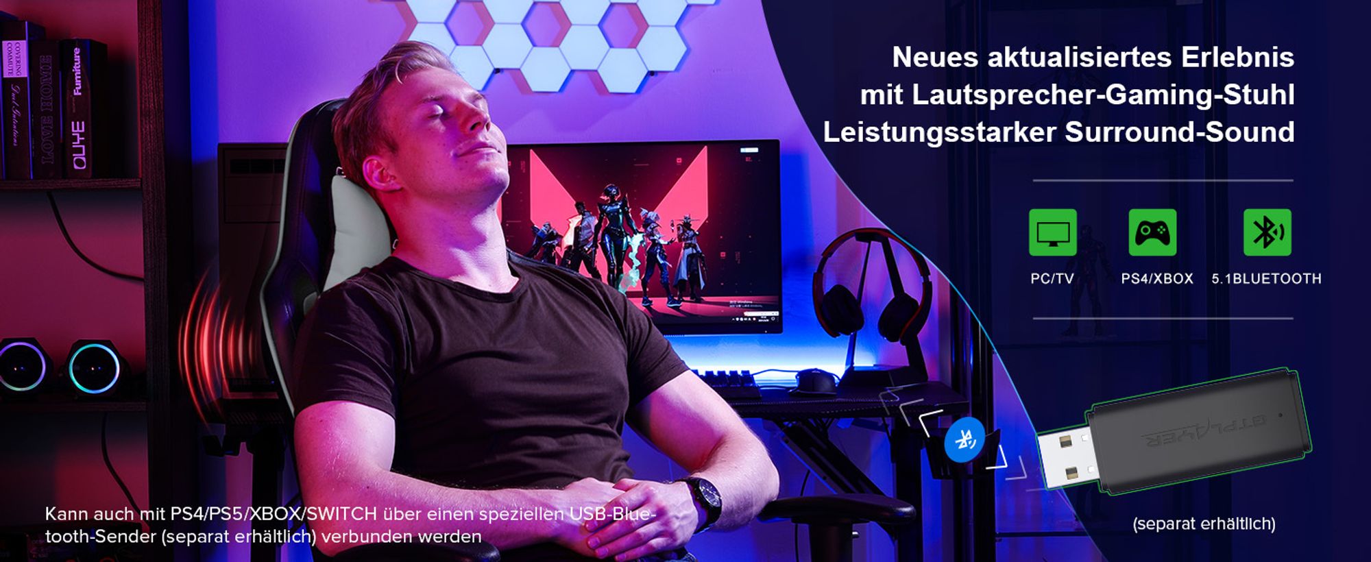 GTPLAYER Gaming Stuhl Mit Fußstützen Bluetooth Lautsprecher Musik Stuhl Ergonomischer Computerstuhl Schreibtischstuhl Gamer Stuhl Grau