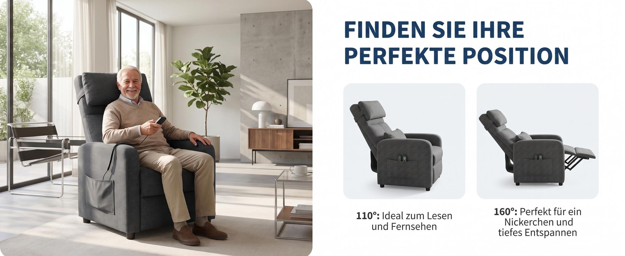 Elektrischer Relaxsessel mit Massage, Fernsehsessel Elektrisch Grau mit Liegefunktion, TV Sessel Elektrisch, Liegesessel 90°–150° verstellbar, Wohnzim