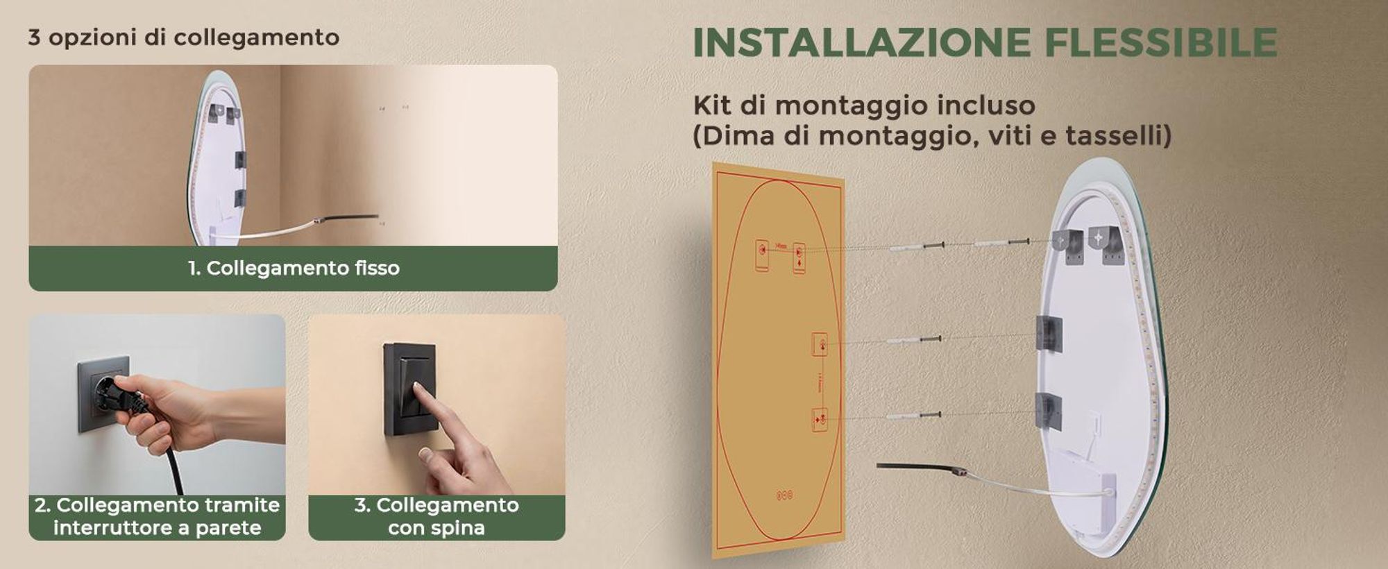 S'AFIELINA Specchio Bagno LED 48 × 72 cm, Asimmetrico, Touch, Senza Cornice,3 colori di luce, dimmerabile, antiappannamento e memoria