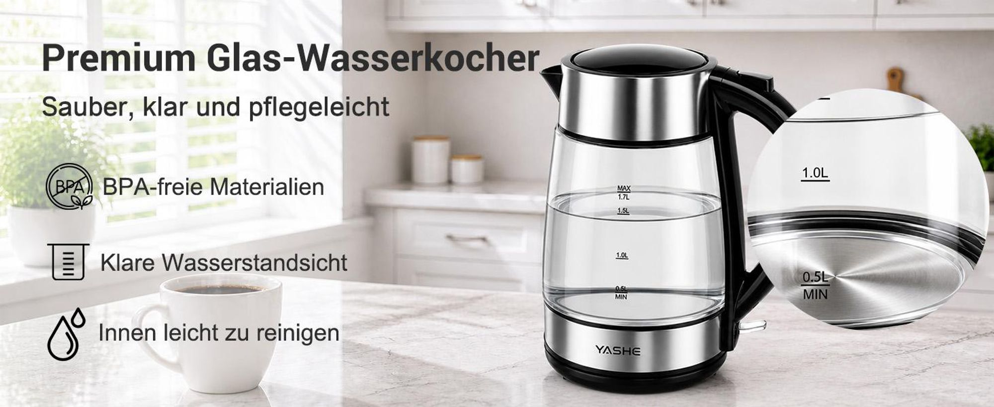 YASHE Wasserkocher Glas 1,7L 2200W mit Schnellkochfunktion und LED-Licht