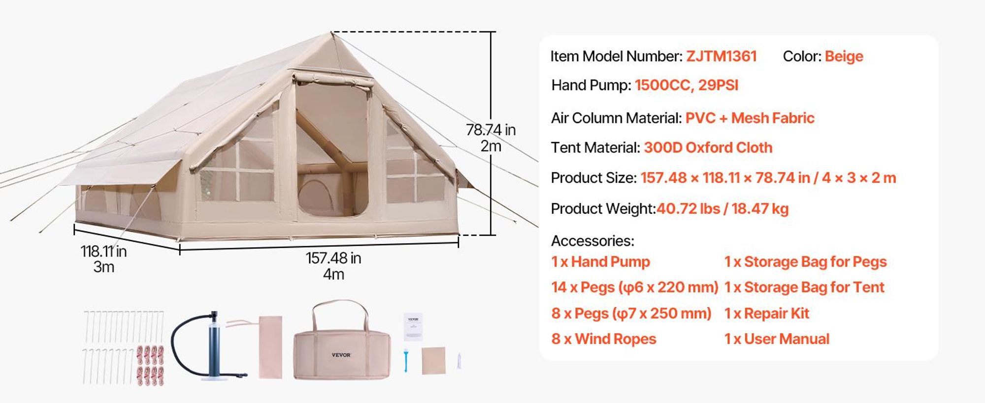 VEVOR Aufblasbare Zelte für Camping 4x3x2 m, 5–8 Personen, 300D Oxford Glamping-Zelt mit Ofenanschluss, Handpumpe 2 Türen & 4 Netzfenstern, inkl. Aufbewahrungstasche für einfachen Transport