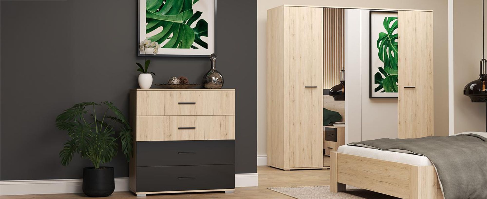 Kommode Sideboard Anrichte 90 cm mit vier Schubladen in San Remo Sand/Schwarz - BARI