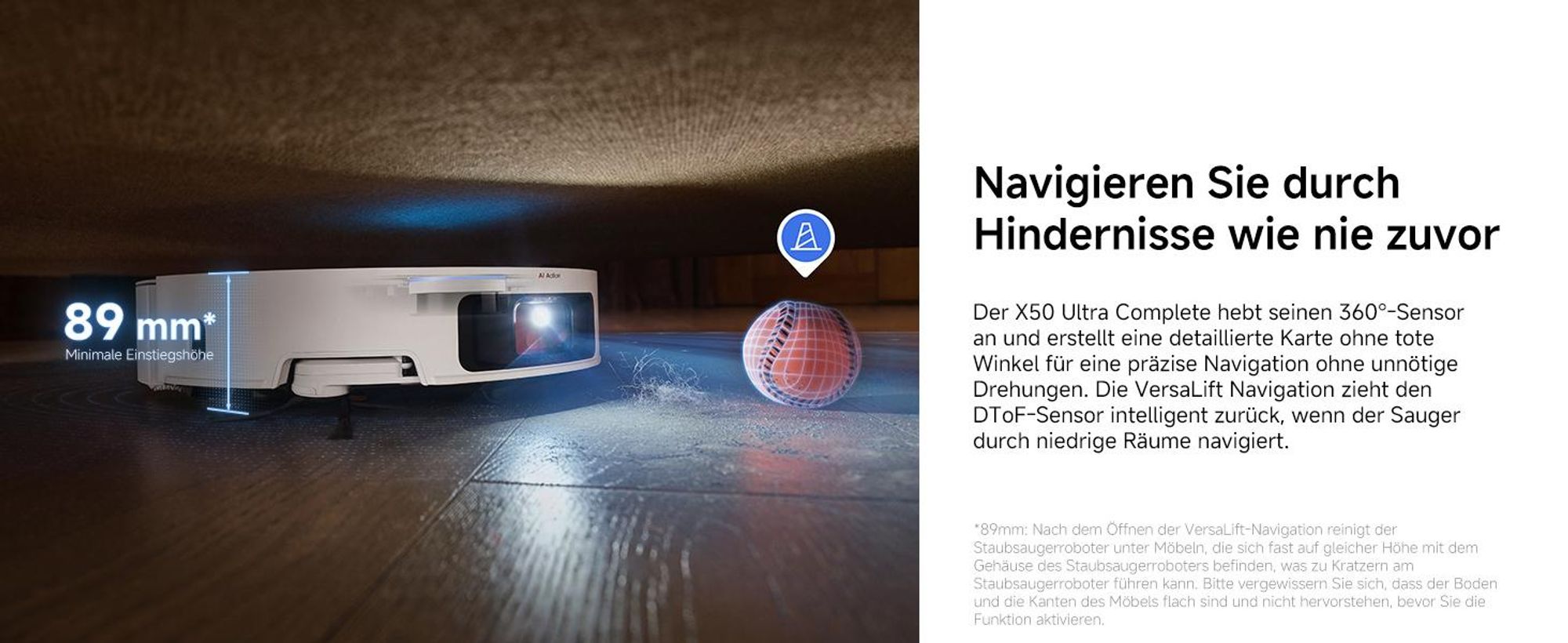 Dreame X50 Ultra Complete Staubsauger Roboter mit Wischfunktion,20KPa Saugkraft,6cm Hindernisfreiheit,Hebarem Wischmopp,360°-Navigation,KI-Vermeidung