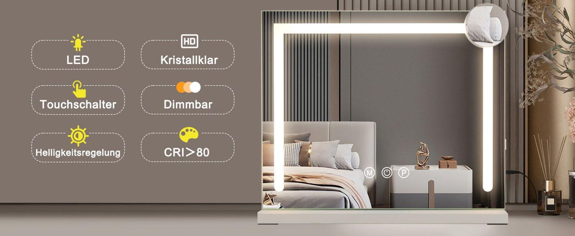 Specchio da trucco ZMH con luci LED regolabili, dimensioni 50x42 cm, 3 modalità di illuminazione a colori, ingrandimento 5x, porta USB, ideale per camera da letto e cabina armadio
