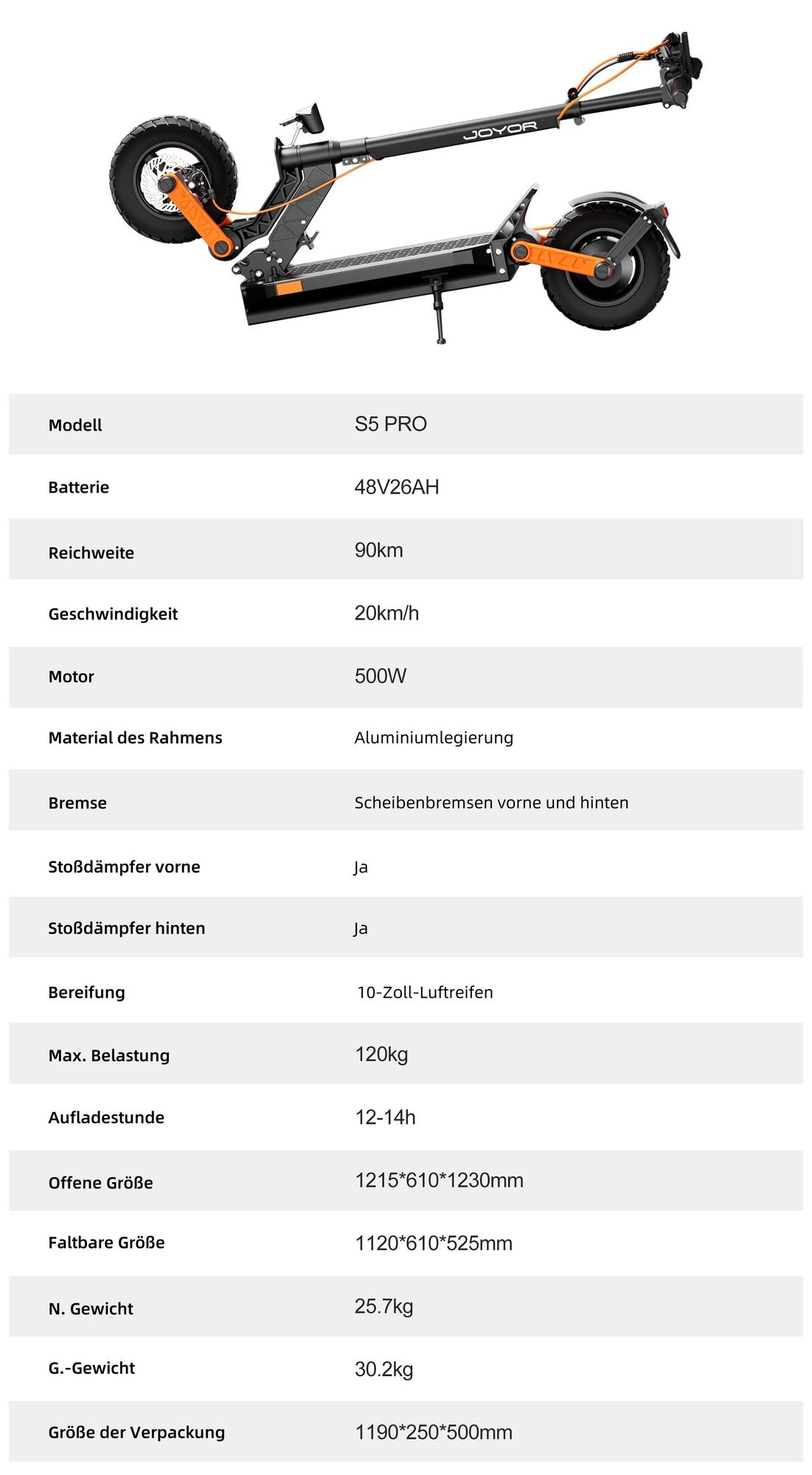 JOYOR S5 PRO ABE- Faltbar Elektroroller - 500W Motor 48V26AH Akku 10 Zoll Reifen - Schwarz