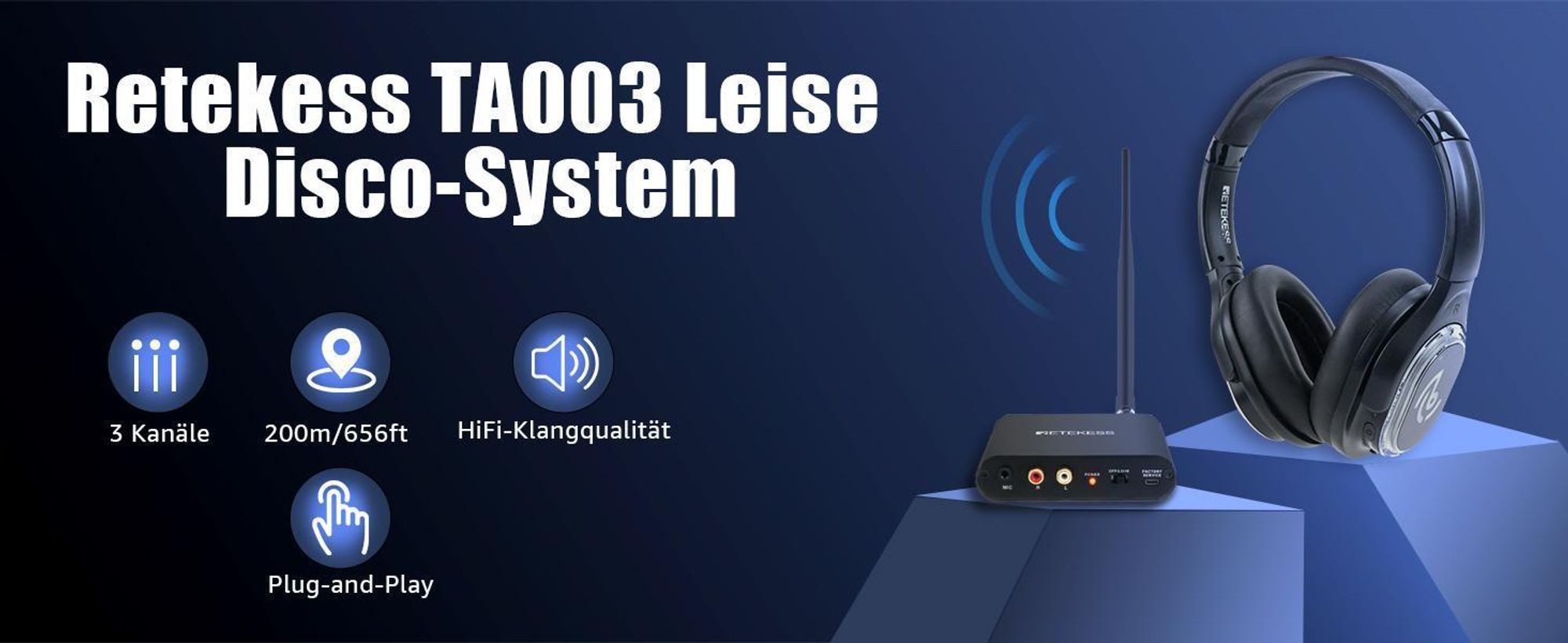 Retekess TA004 Silent Disco Starter Kit, Kabellose Kopfhörer für Fernseher, 3 Kanäle, 200 m Reichweite, Silent-Disco-Kopfhörerset für Partys