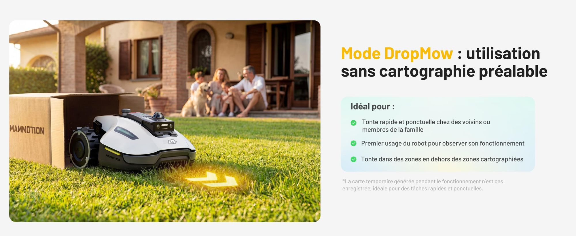 Robot Tondeuse Mammotion YUKA Mini 2 1000 avec garage, sans fil périphérique, jusqu’à 1000 m², DropMow, cartographie auto, coupe des bordures, APP