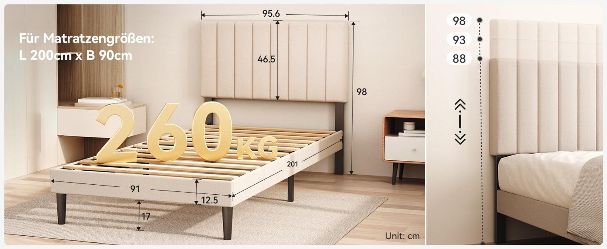 Polsterbett 90x200 cm, Bettgestell mit Höhenverstellbarem Kopfteil und Lattenrost, Stabiler Bettrahmen, Bis 300 kg, Gepolstertes Bett, Beige