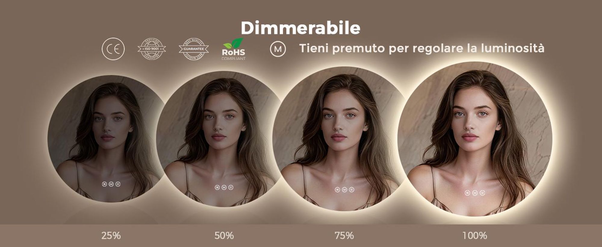 S'AFIELINA Specchio da bagno a LED specchio rotondo da parete con interruttore a sfioramento, 3 luci 3000/4000/6500K 70 cm