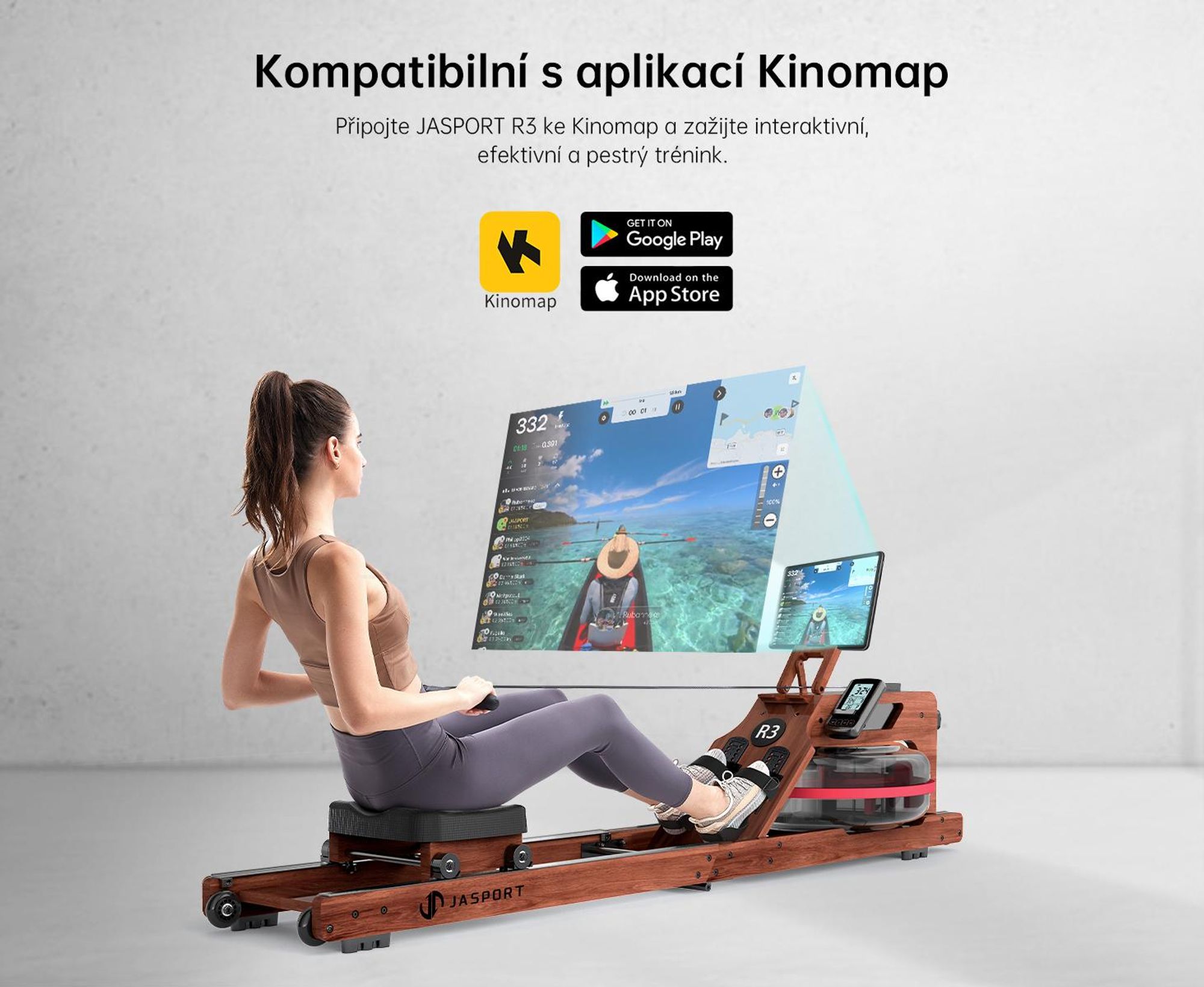 JASPORT R3 skladací vodný veslovací trenažér na doma z ho dubového dreva Bluetooth, LCD, Kinomap, 28 l, do 150 kg – Sapele