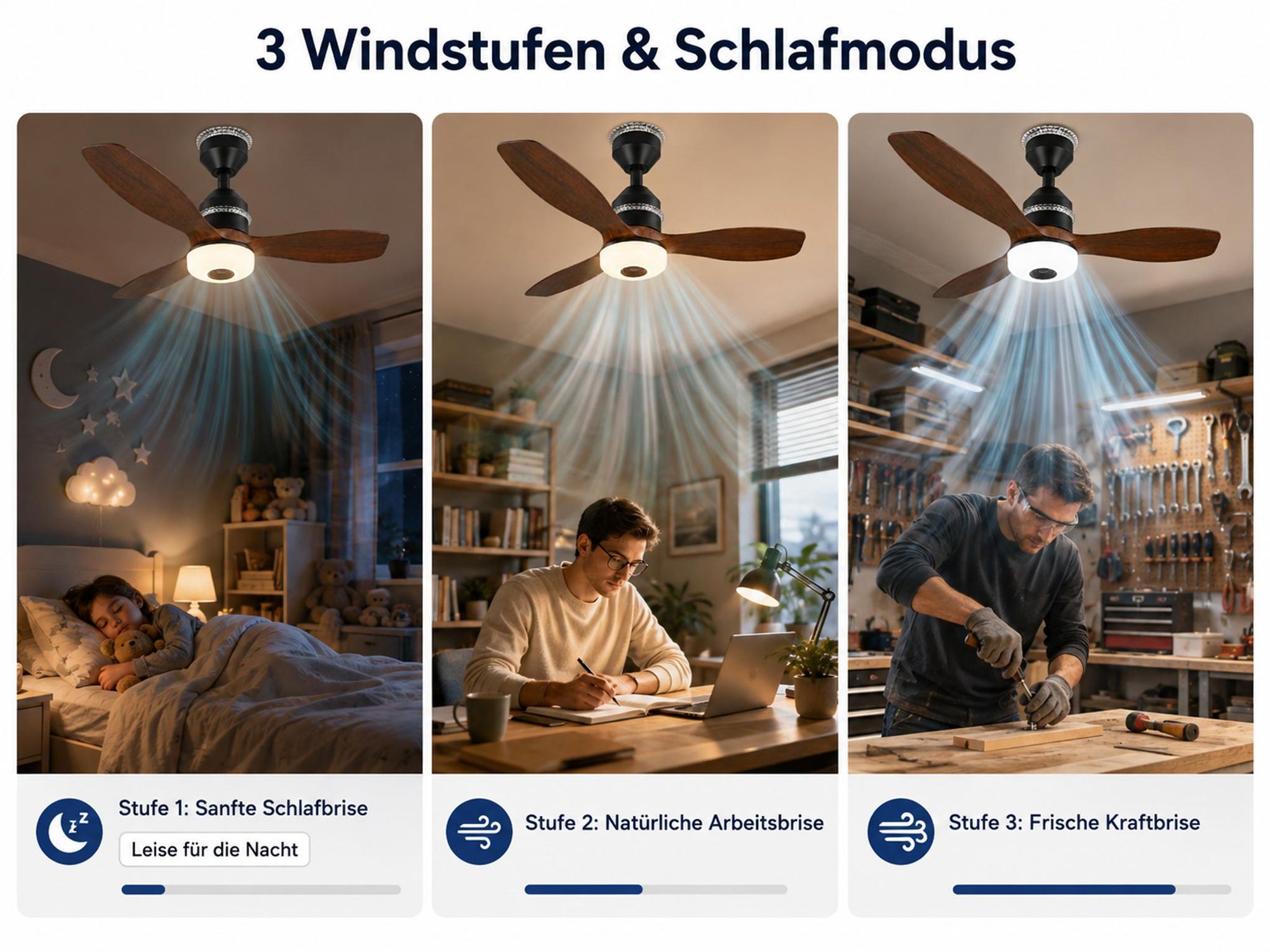 48W 60CM Deckenventilator mit Beleuchtung, LED Deckenleuchte mit Ventilator, 3 Windstufen, 3 Modi, Musik, Leise Lampe mit Ventilator Schlafzimmer