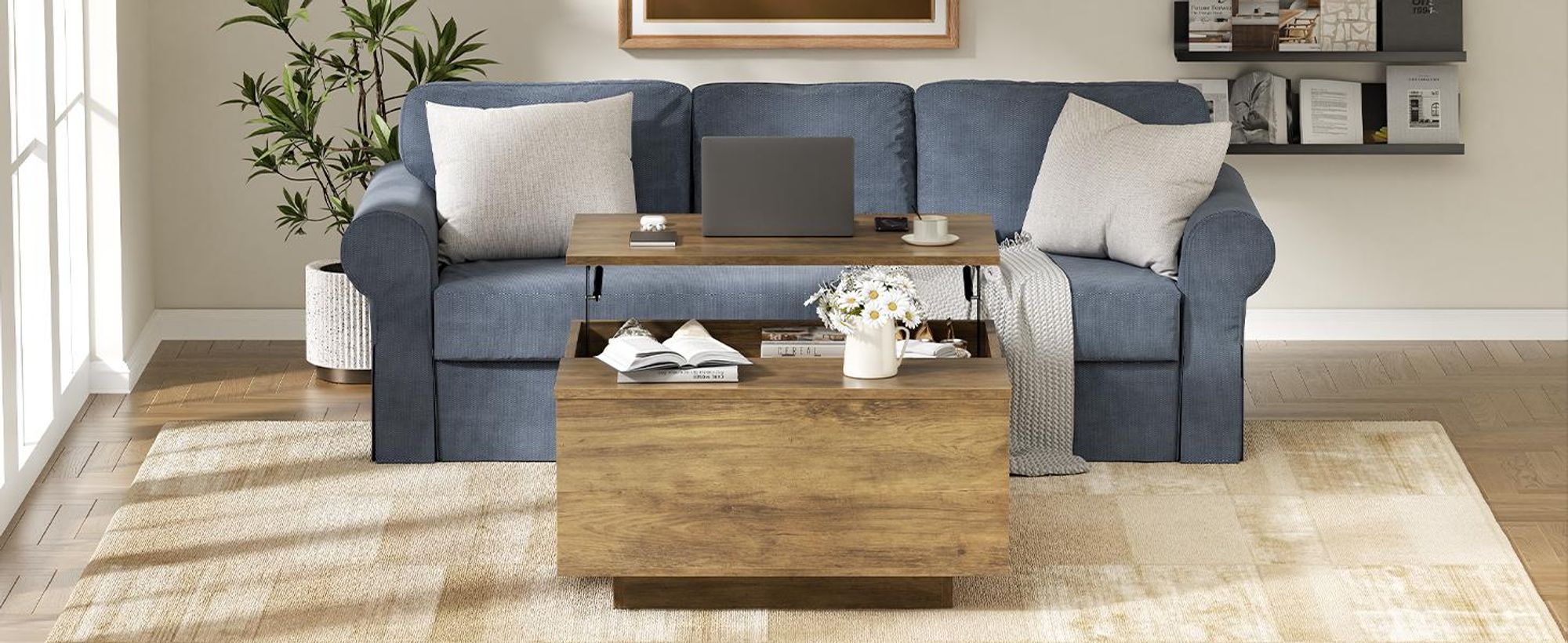 FABATO Couchtisch mit hochklappbarer Platte, quadratischer Couchtisch aus Holz mit Stauraum, Couchtische im Landhausstil mit verstecktem Staufach