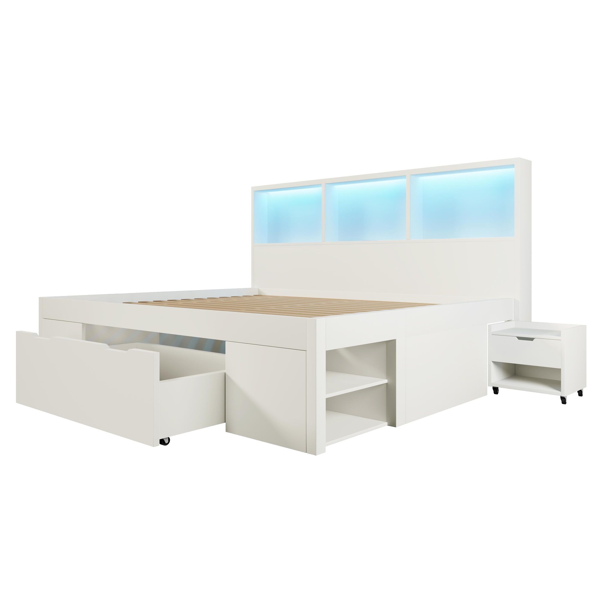 Flieks Jugendbett 140x200cm mit flexiblem Nachttisch, Klassisches Bett Doppelbett mit Led und Ladefunktion, Stauraumbett mit Schublade und Regal, Weiß