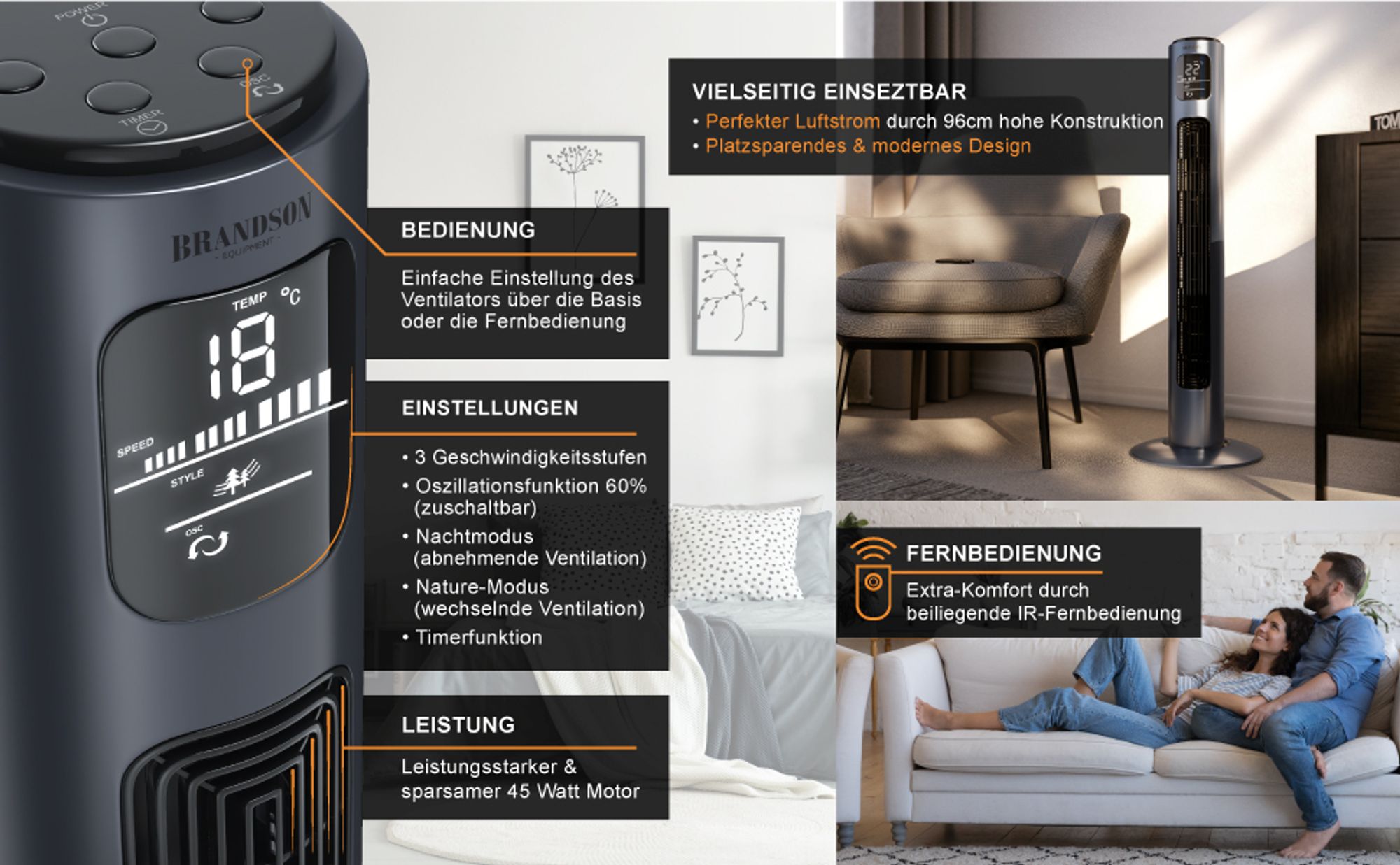 Turmventilator in Dunkelblau mit Digitalanzeige, IR-Fernbedienung und vielseitigen Funktionen