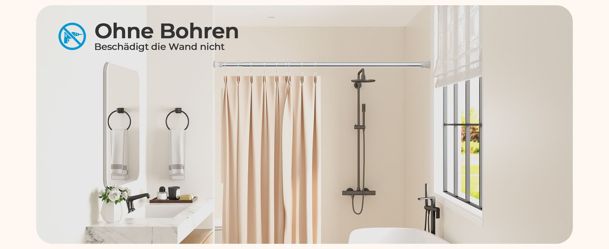 Heilmetz Duschstange Duschvorhangstange Teleskopstange 110-160cm, mit 12 Duschvorhangringe, Chrome Edelstahl Duschvorhang Duschstange