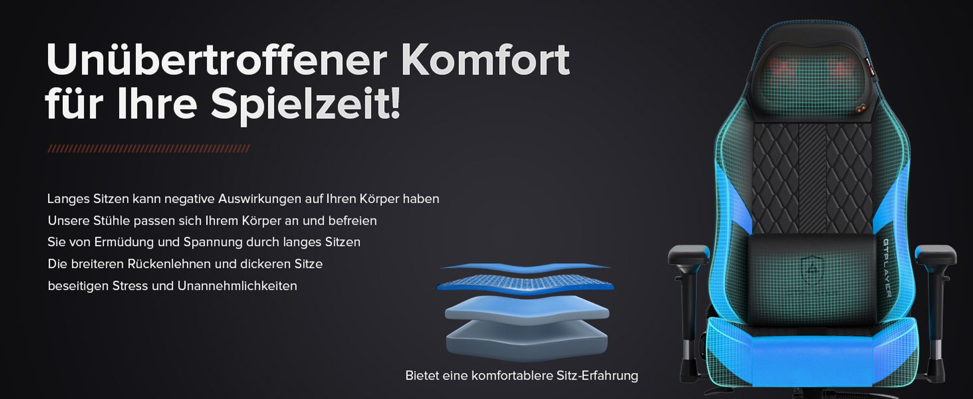 GTPLAYER Gaming Stuhl mit Massage, Gamer Stuhl mit Taschenfederkissen Fußstütze, Ergonomischer Gaming Sessel Bürostuhl 4D Armlehnen, PC-Stuhl blau