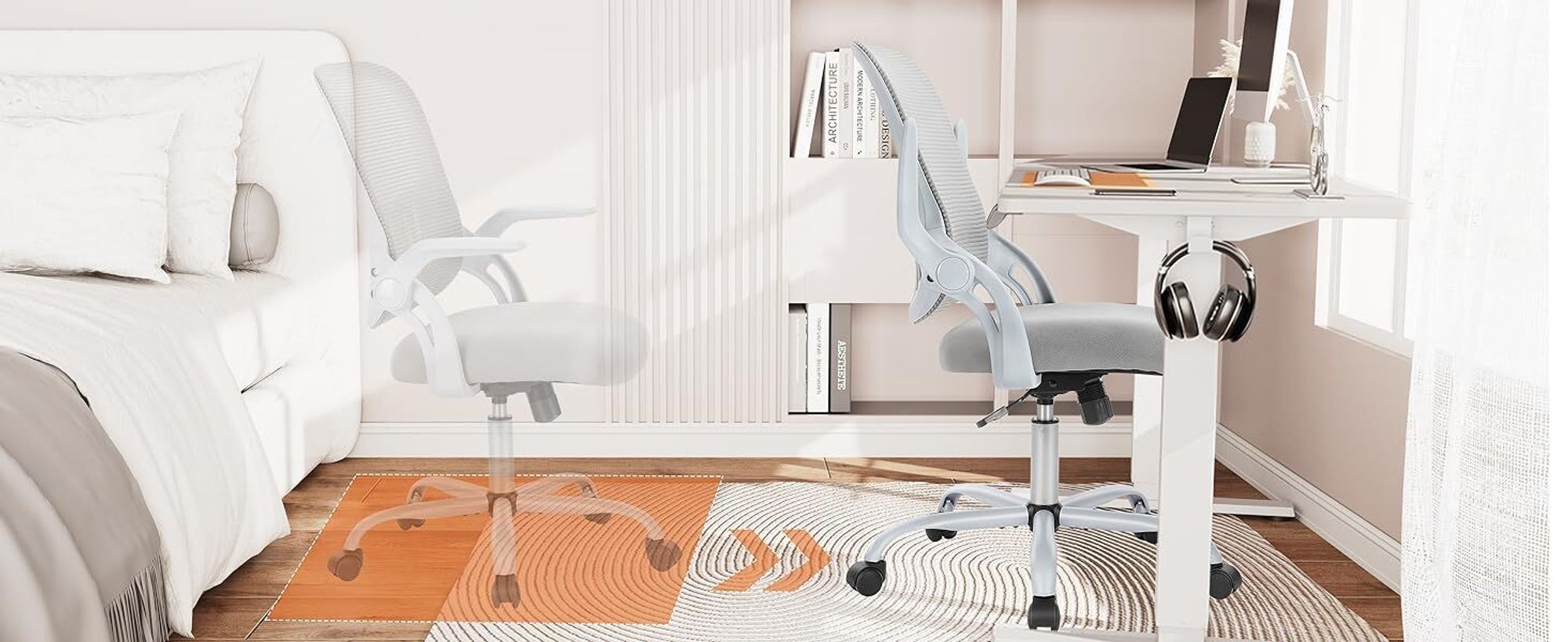 Bürostuhl – Ergonomischer Sitz – Sessel mit 90° klappbarer Armlehne – Lordosenstütze – höhenverstellbar - Drehstuhl - Chefsessel  - Grau
