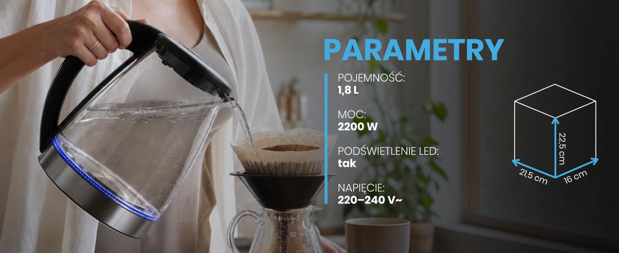 Szklany elektryczny czajnik o pojemności 1800ml i funkcją utrzymywania temperatury o mocy 2200W