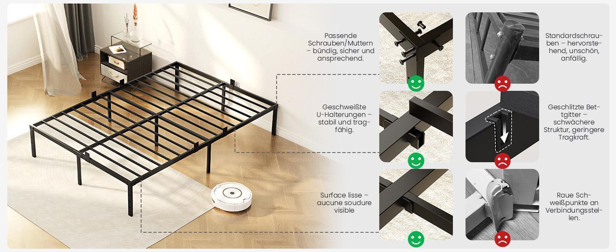 Bett 160 x 200 cm, Bettgestell mit Stauraum, Modernes Doppelbett KUTAS, Metallbett mit 14 Reihen Metalllamellen, Industriestil, bis 480 kg, Schwarz