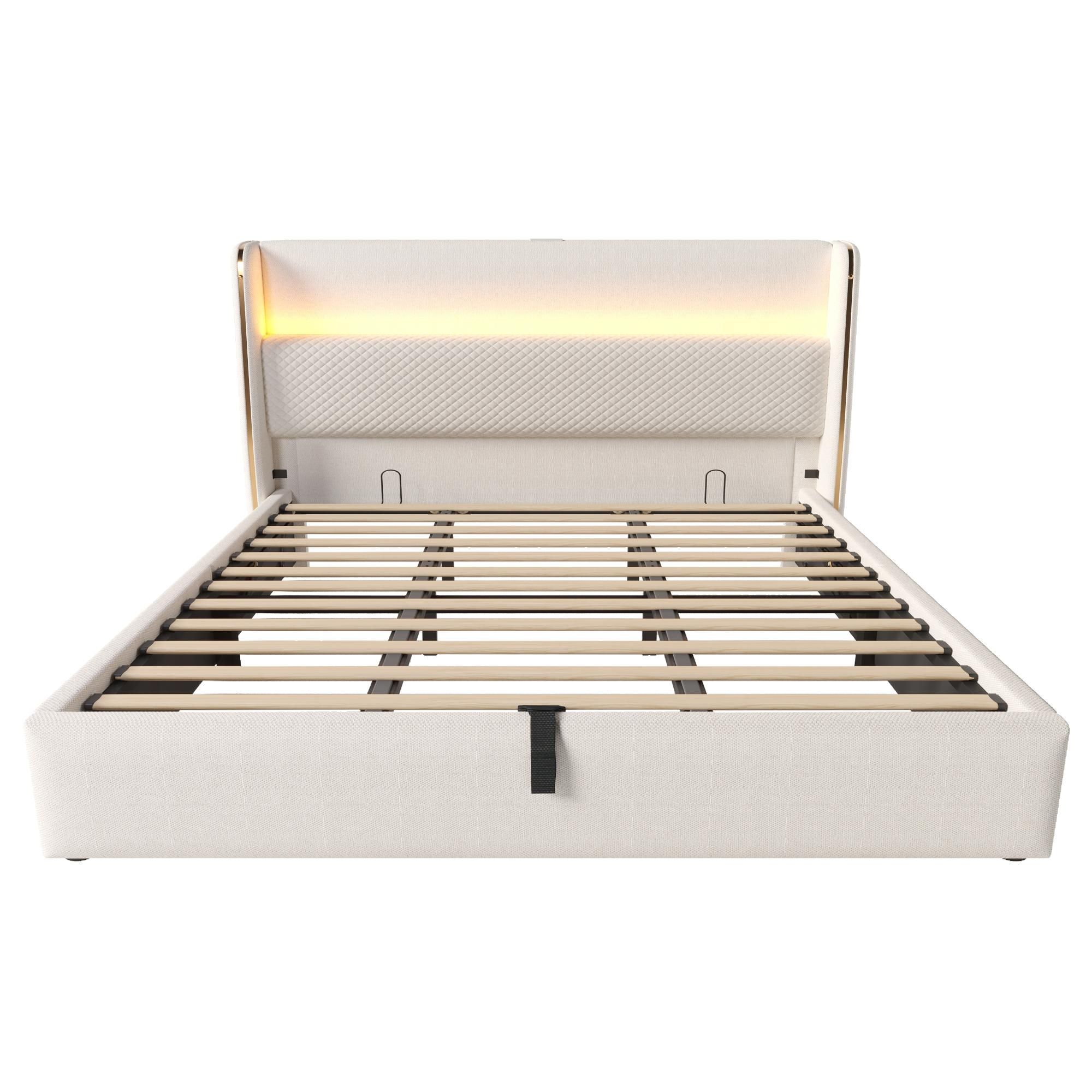 Flieks Hydraulisches Polsterbett 180x200cm mit USB/Type-C-Anschlüssen, Stauraumbett Doppelbett Jugendbett mit Led, Leinen, Beige