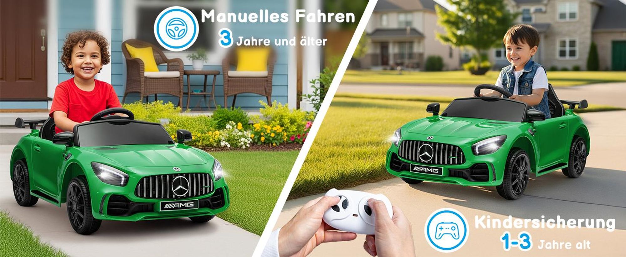 Elektroauto Kinderauto Mercedes-Benz AMG Gtr, mit 2,4G Fernbedienung, LED Scheinwerfer, MP3, Hupe und Musik, Grün