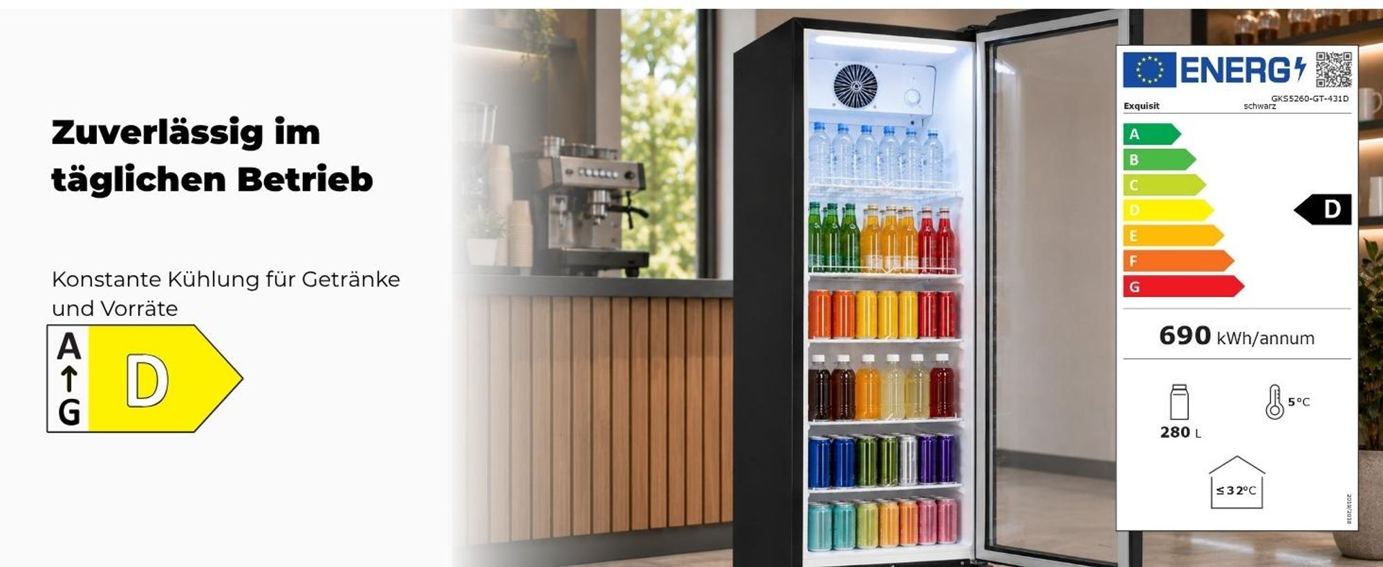 Exquisit Glastürkühlschrank, 280l Getränkekühlschrank mit LED, Umluft, 5 verstellbare Ablagen, CoolPro, GKS5260-GT-431D schwarz
