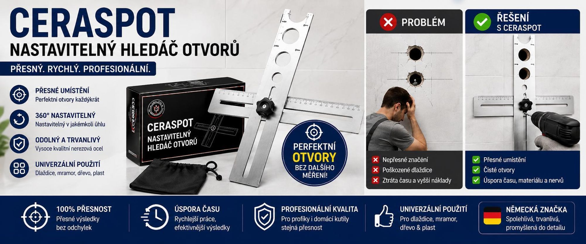 360° otočný lokátor otvorů v obkladech z nerezové oceli, lokátor otvorů v obkladech 25 mm, nářadí na obklady – CERASPOT