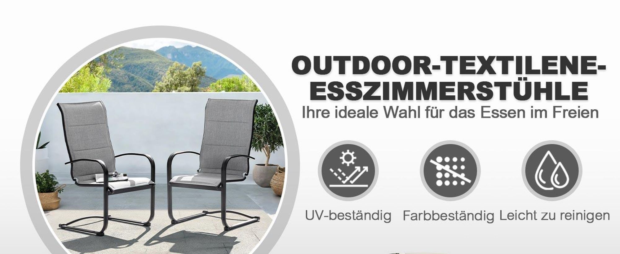 Graue Outdoor Textilene-Metall-Esszimmerstühle (2er-Pack)