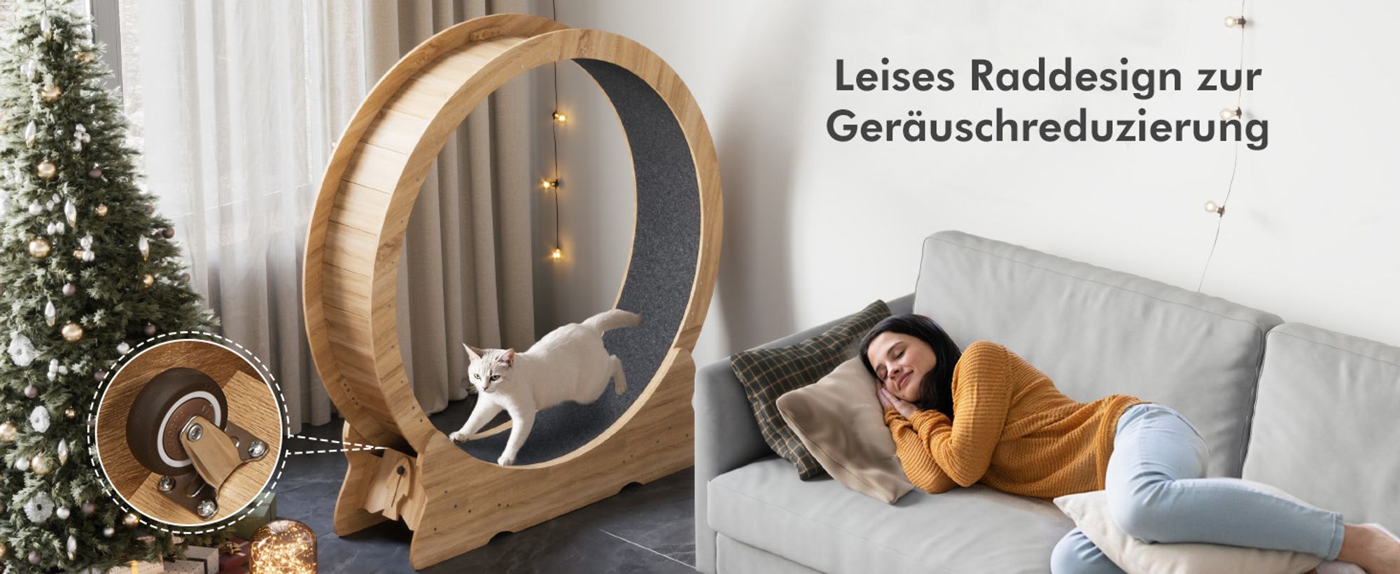 Mondeer Tier-Intelligenzspielzeug Laufband für Katzen,Innendurchmesser 100cm,Sicherheitsschloss-Design, Leises Scrollrad,110 x 117 x 36CM Naturholz