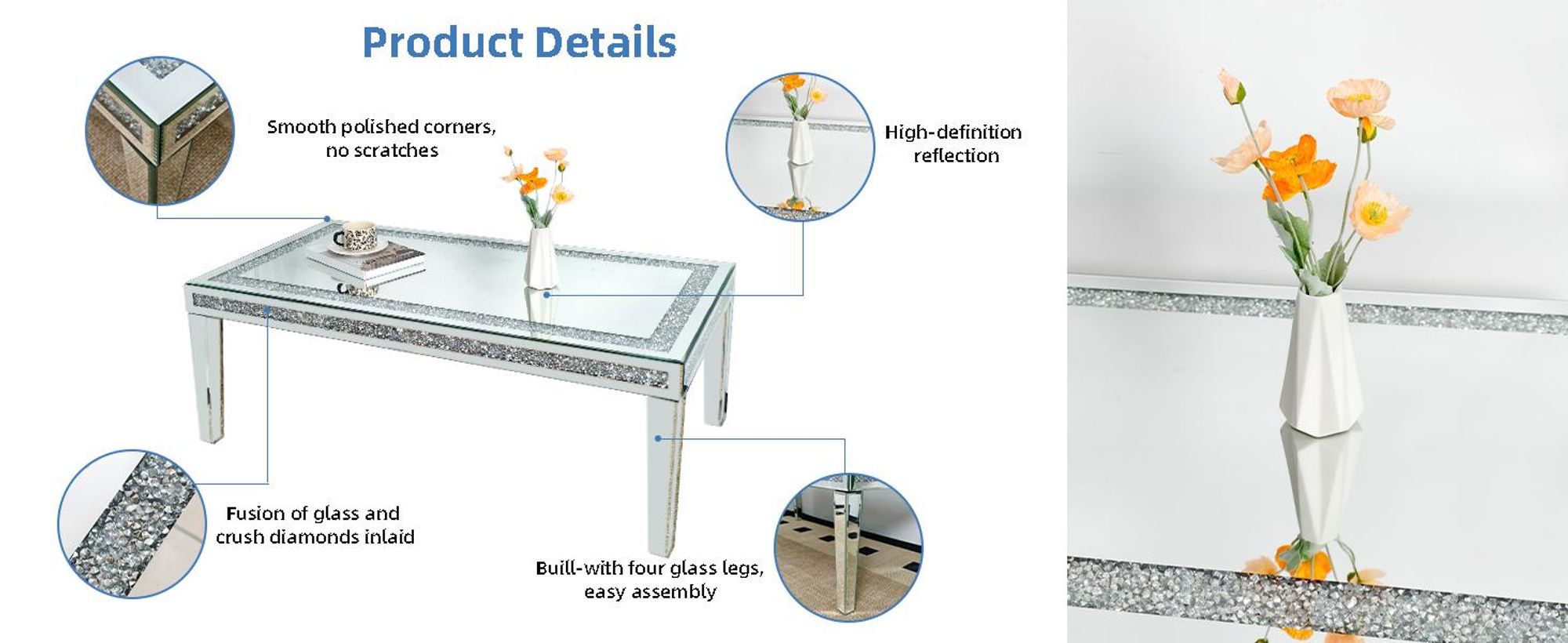 WISFOR Couchtisch Glas silber Modern mit zerkleinerter Diamant-Einlage und vier konischen Glasbeinen, 120 x 60 x 45 cm
