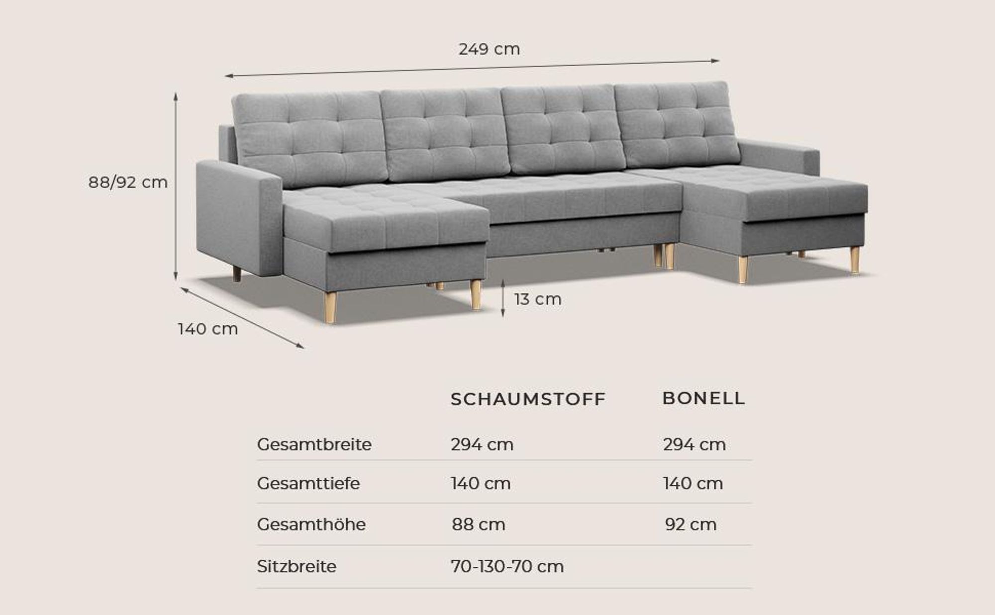 Ecksofa mit schlaffunktion und bettkasten, Sofa U-Form ELMA, Dunkelgrau