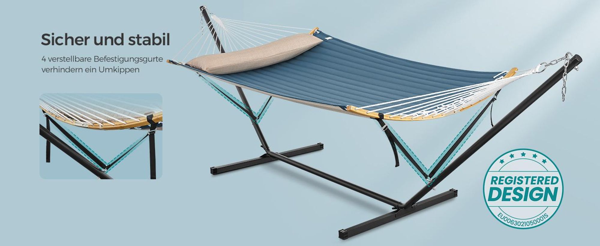 SONGMICS Hängematte mit Gestell, Kissen, bis 200 kg belastbar, Garten, blau