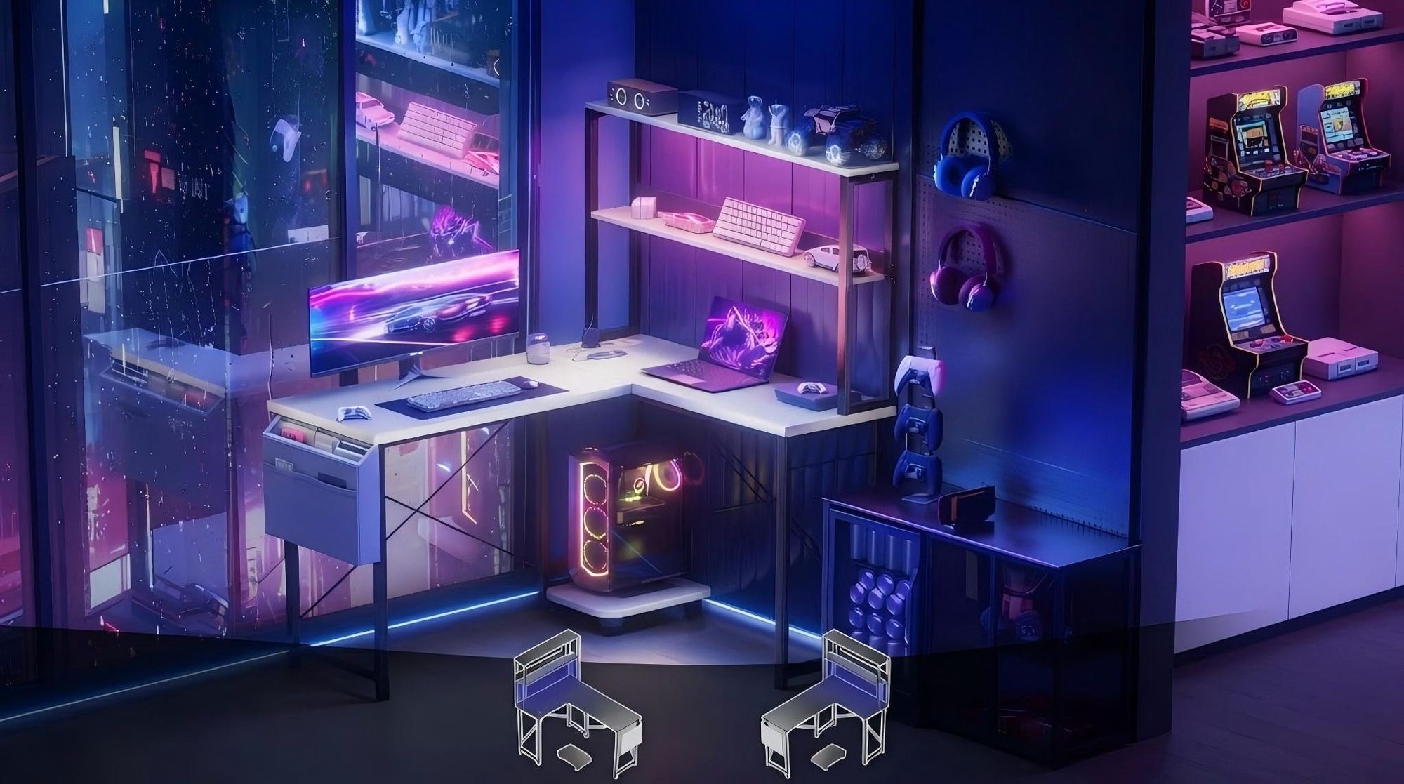 AIORBER L-Form Gaming Schreibtisch 148cm mit LED Beleuchtung USB Anschlüssen Eck Computertisch Bürotisch mit Regal und Aufbewahrung Schwarz