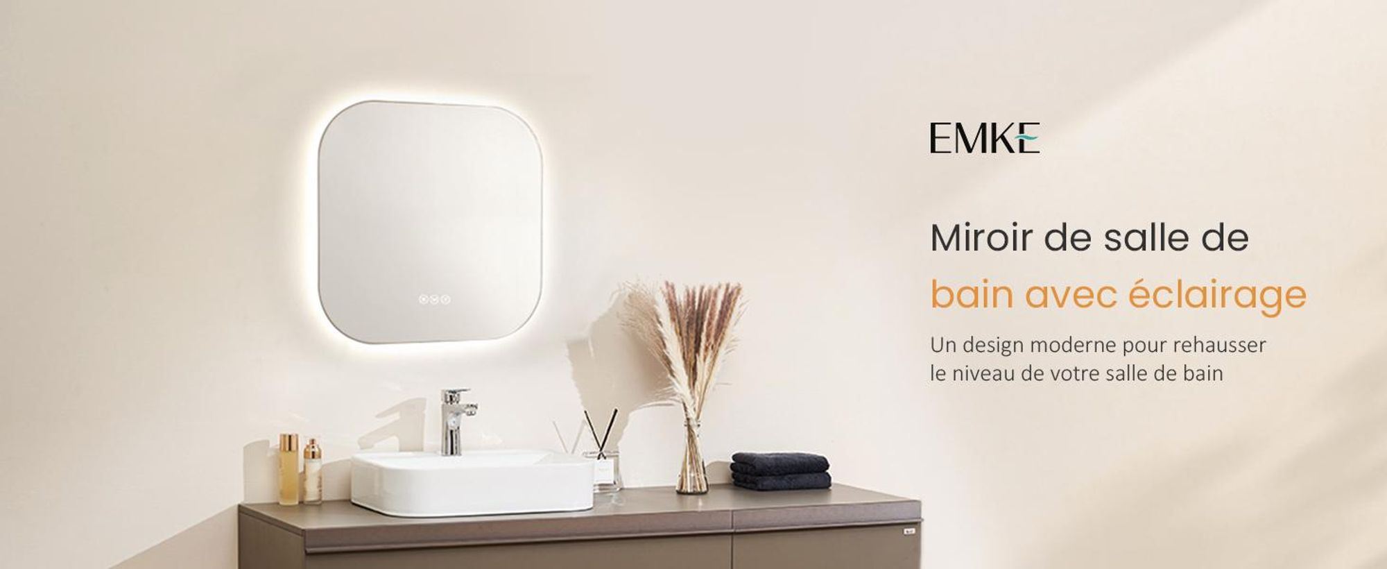 EMKE Miroir de salle de bain LED 50 x 50 cm Miroir de salle de bain avec antibuée, 3 couleurs de lumière Miroir de salle de bain avec interrupteur tactile, miroir mural à intensité variable avec fonction mémoire