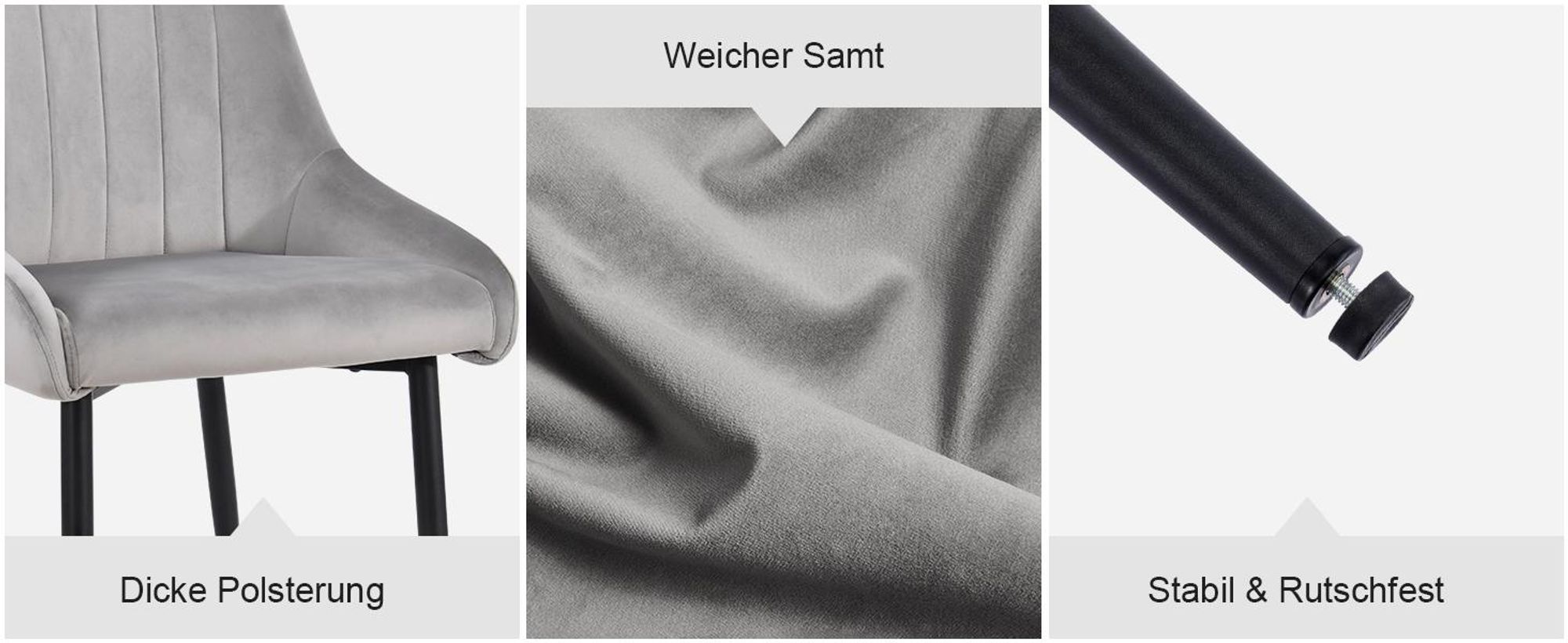 2er Set Esszimmerstuhl Polsterstuhl Stoff Samt Stuhl Retro Metallbeine, Farbe:Grau, Material:Samt