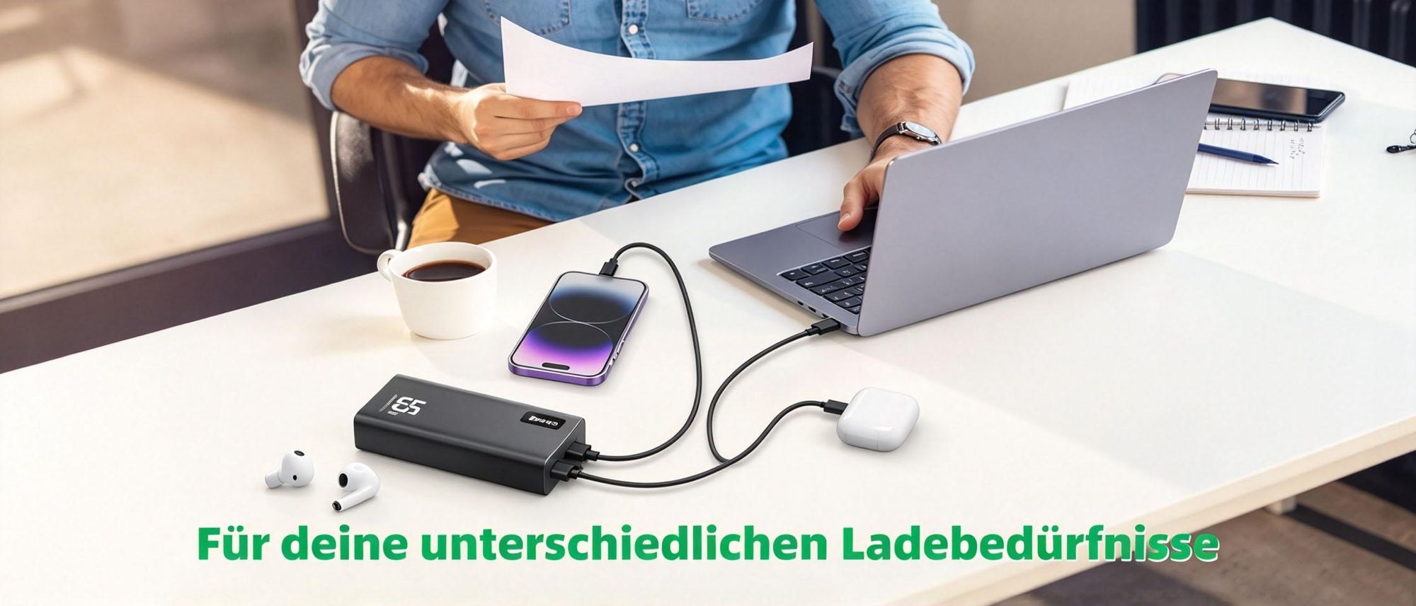 Juksun Schnelllade Powerbank 50000mAh 65W USB-C 3 Ausgänge LED schwarz für Laptop Smartphone und Tablet