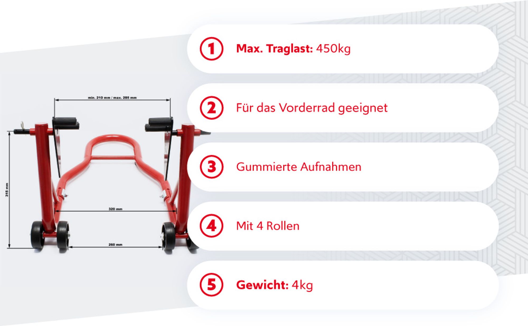 Wiltec Motorradständer vorne für 230-290 mm Reifen, 670 x 445 mm, als Montagehilfe aus Stahl für Vorderrad, Motorradheber bis 450 kg, Frontheber