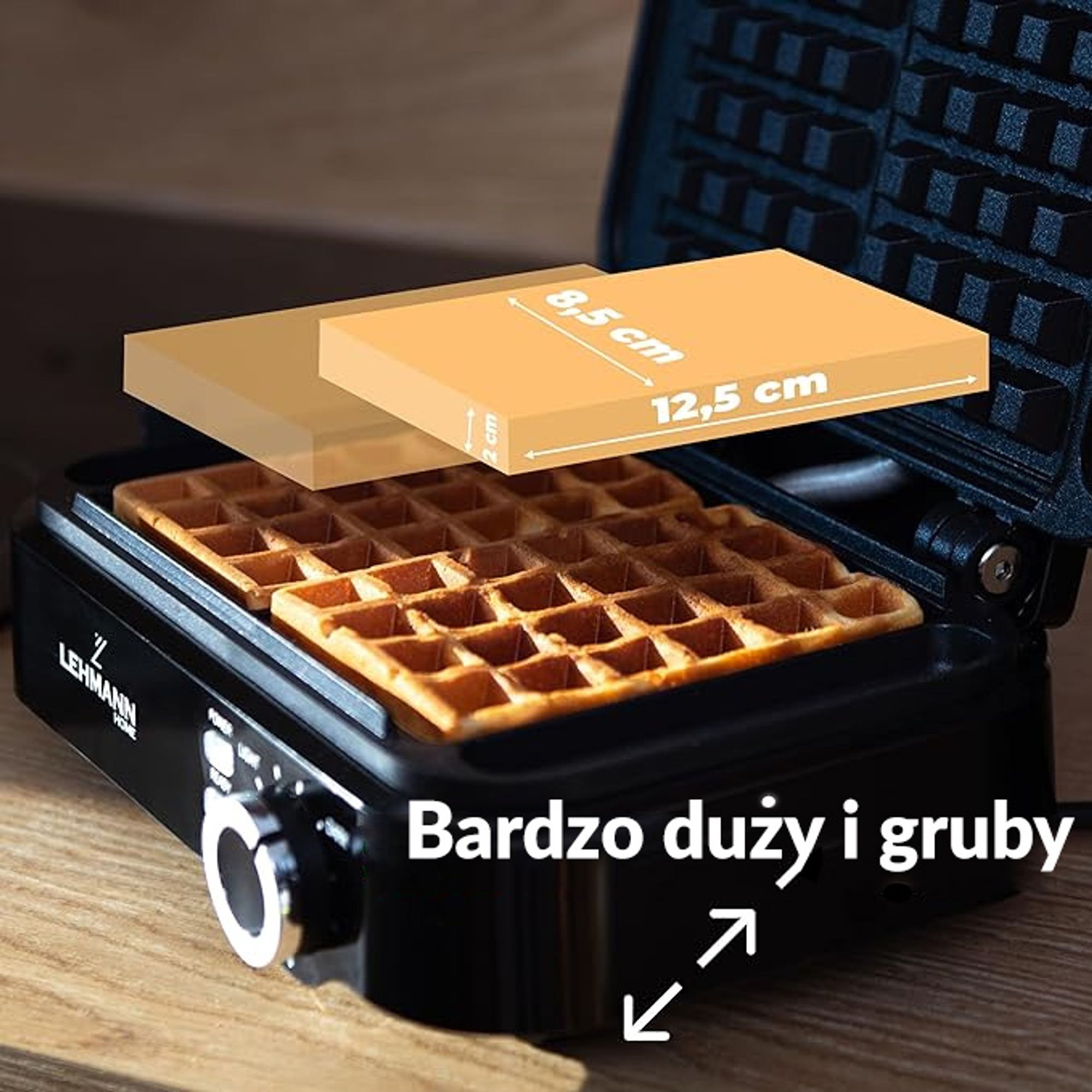 Gofrownica LEHMANN CRISP 2000W na dwa duże gofry, regulacja temperatury, mocna niewyciekająca, chrupiace gofry w 4 min