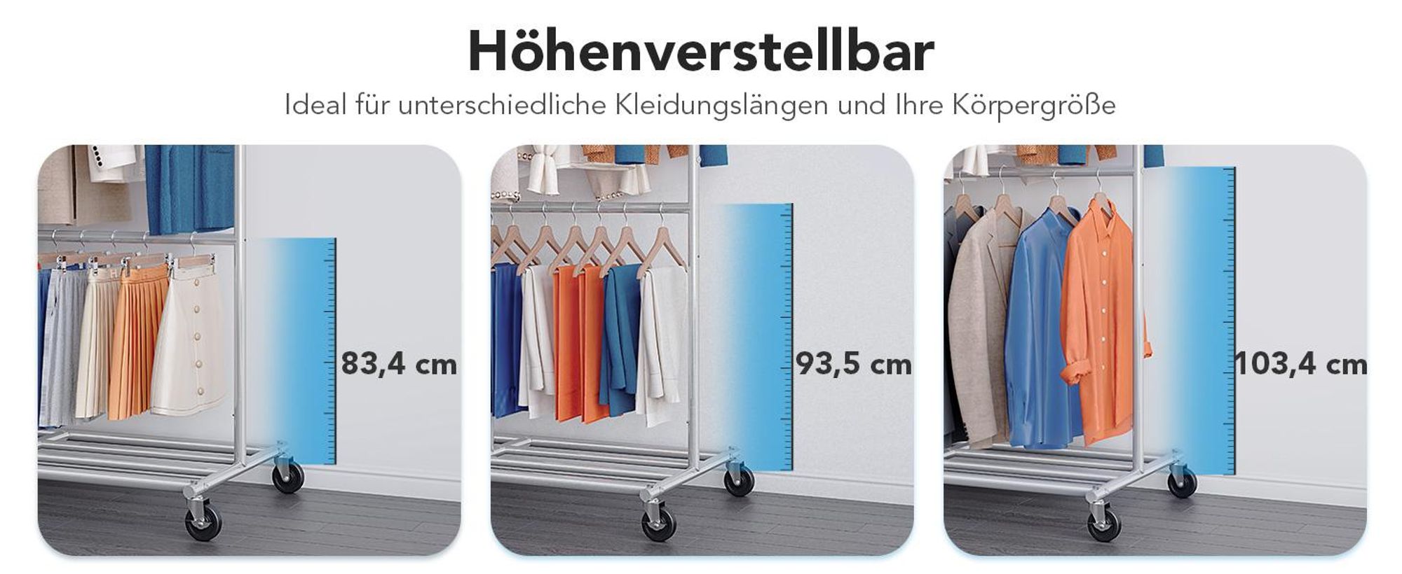 HOKEEPER Schwerlast Kleiderständer auf Rollen, Kleiderstange mit unterem Gestell, 2-stufiger mobiler Garderobenständer, mit verstellbaren Kleiderwagen