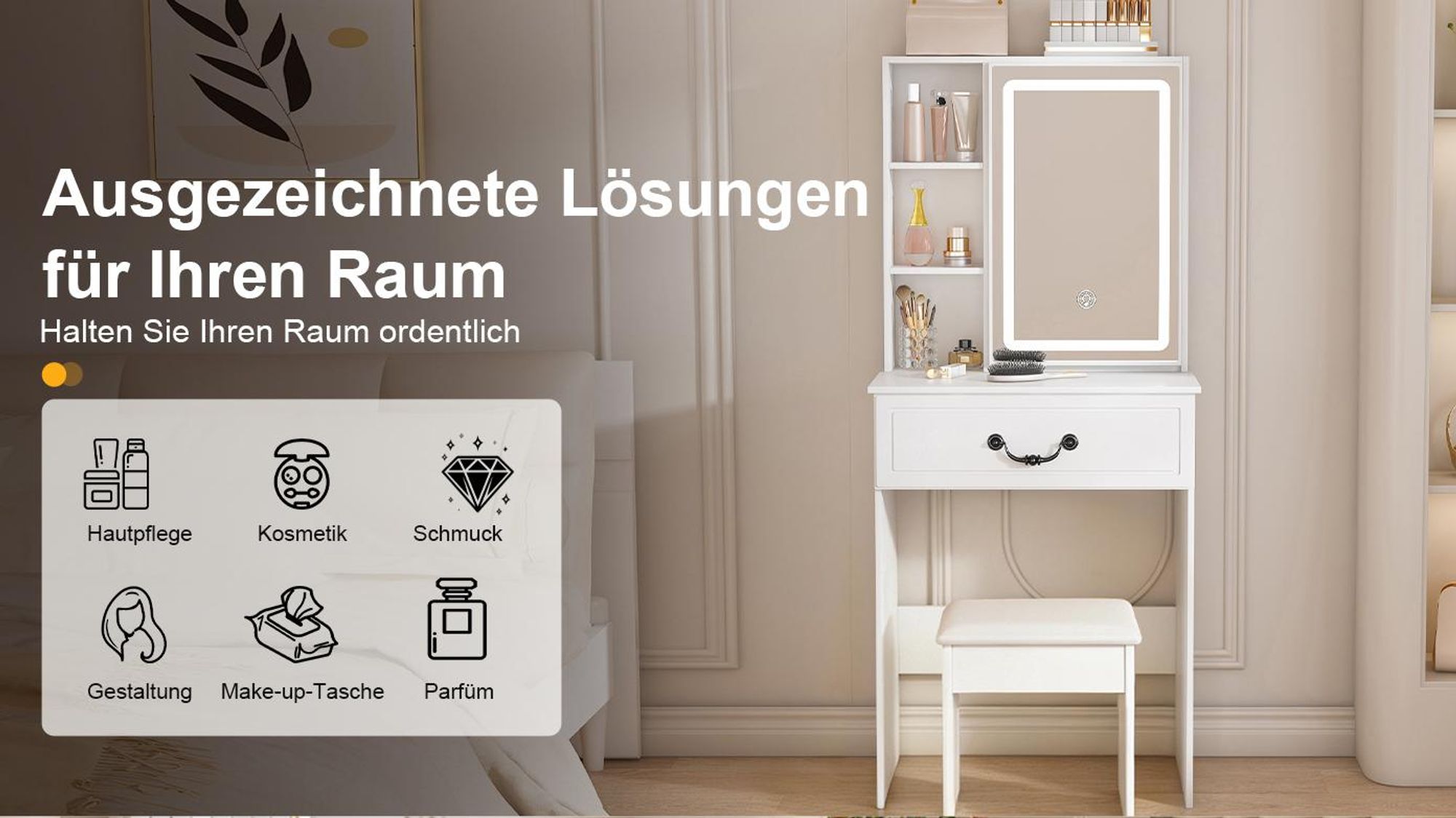 MODFU Schminktisch,moderner Frisiertisch mit dimmbarem LED-Spiegel und Hocker,kompakter Kosmetiktisch,Schminkkommode mit verstecktem Stauraum,Weiß