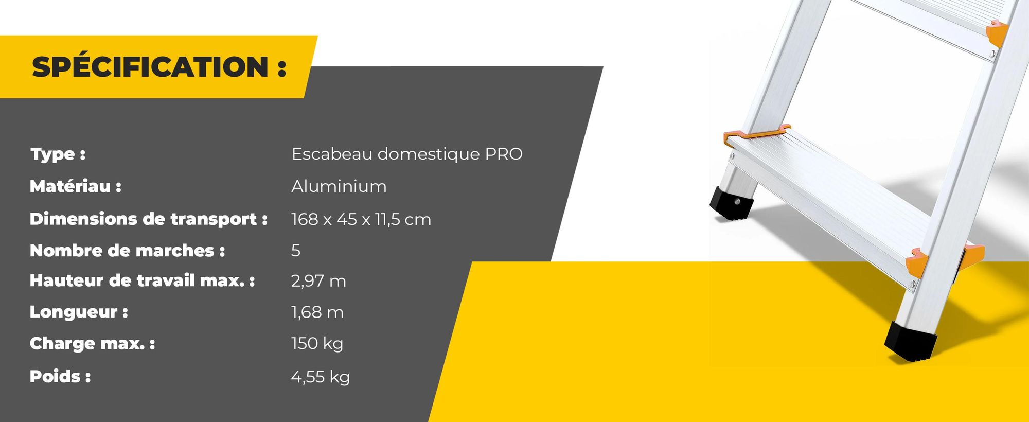 Drabest | échelle pliante - 5 marches, charge max. 150kg - échelle en aluminium, escabeau, pieds antidérapants, échelle