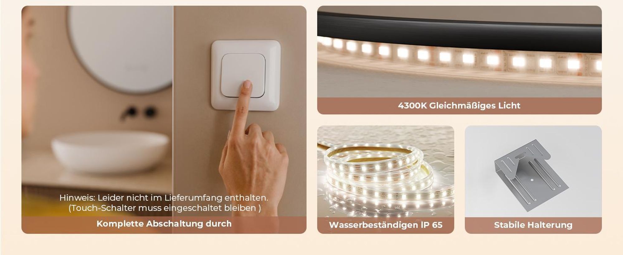 S'AFIELINA Badspiegel mit Beleuchtung Rund 80 cm Diameter,LED Badspiegel mit Touch, Beschlagfrei, Dimmbar, Uhr, Temperatur, Speicherfunktion,Schwarzer