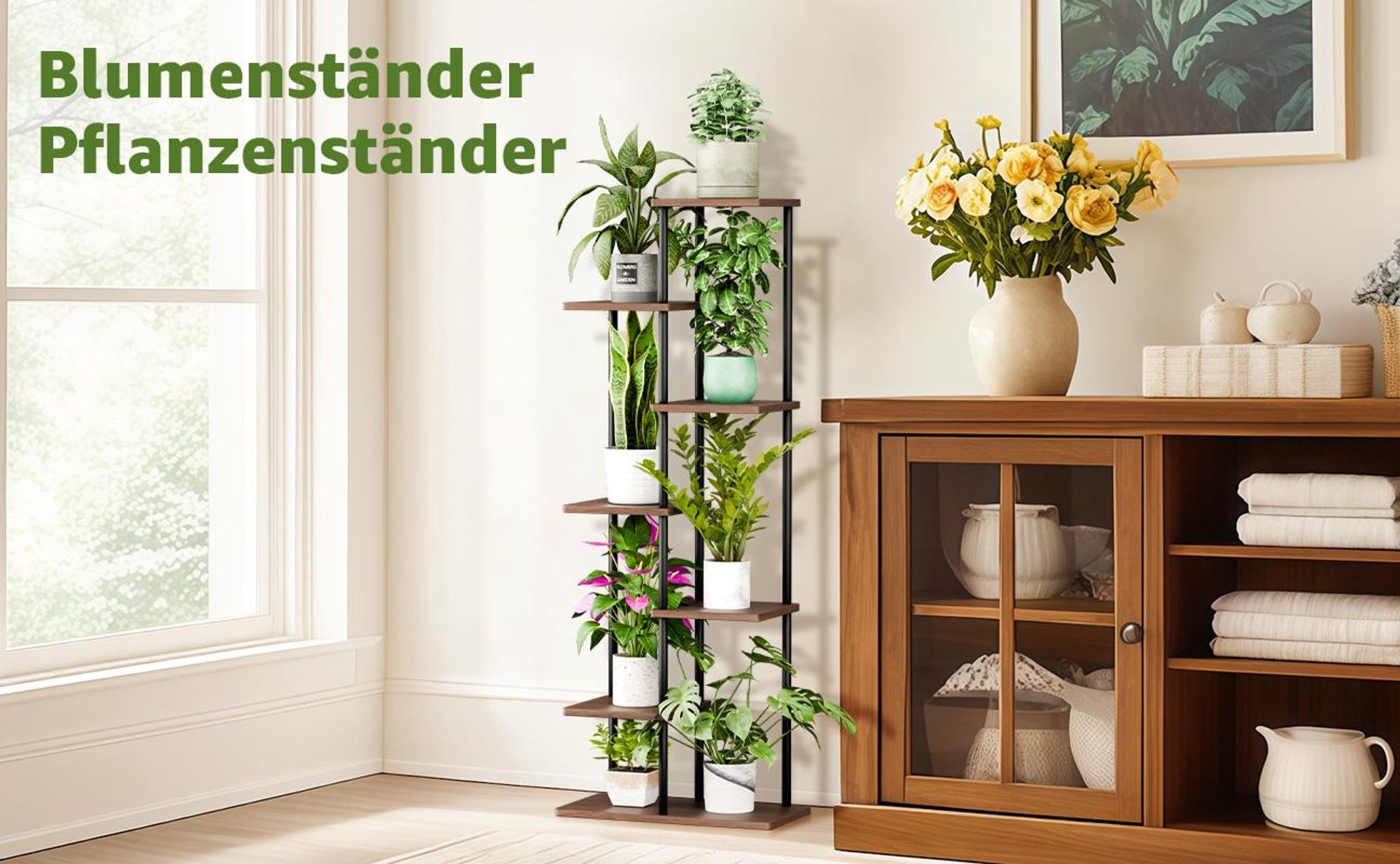 Mulisoft 7-Tier Hölzern Blumenregal Pflanzenregal, Mehrstöckig Blumenständer Pflanzenständer, Blumenbank Blumentreppe Pflanzentreppe,  Standregal für Innen Garten Balkon Deko, Braun