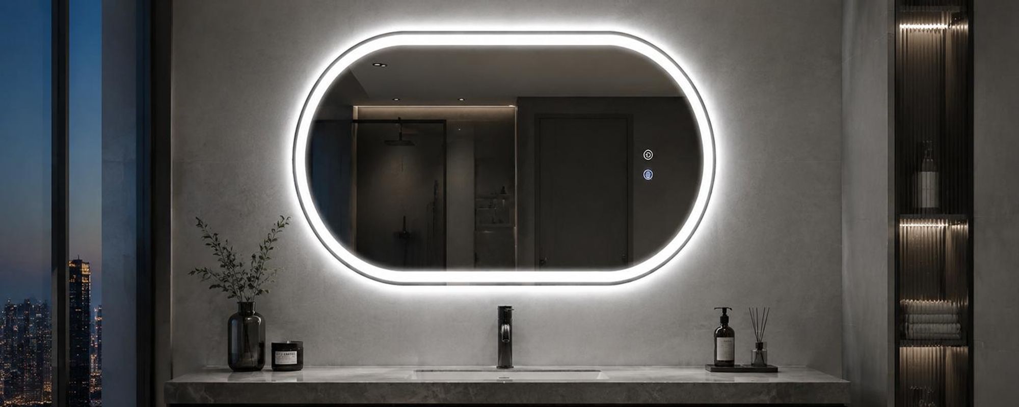 ZMH Zrcadlo do koupelny s osvětlením, 50x80 cm, lampa, stmívatelné LED osvětlení, dotykový spínač, osvětlené zrcadlo, oválné, velké, moderní, nástěnné