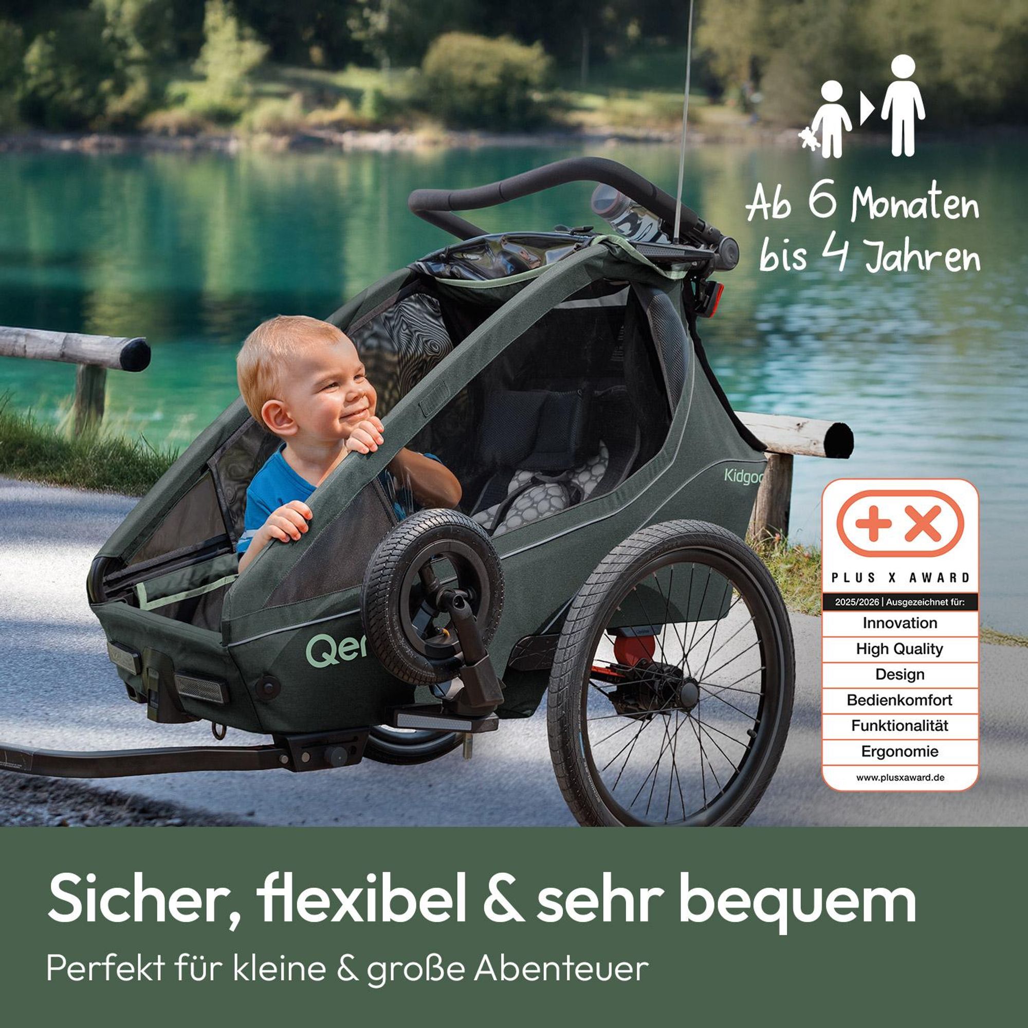 Qeridoo Kidgoo 1 - Kinderfahrradanhänger für 1 Kind, Farbe: Forest Green